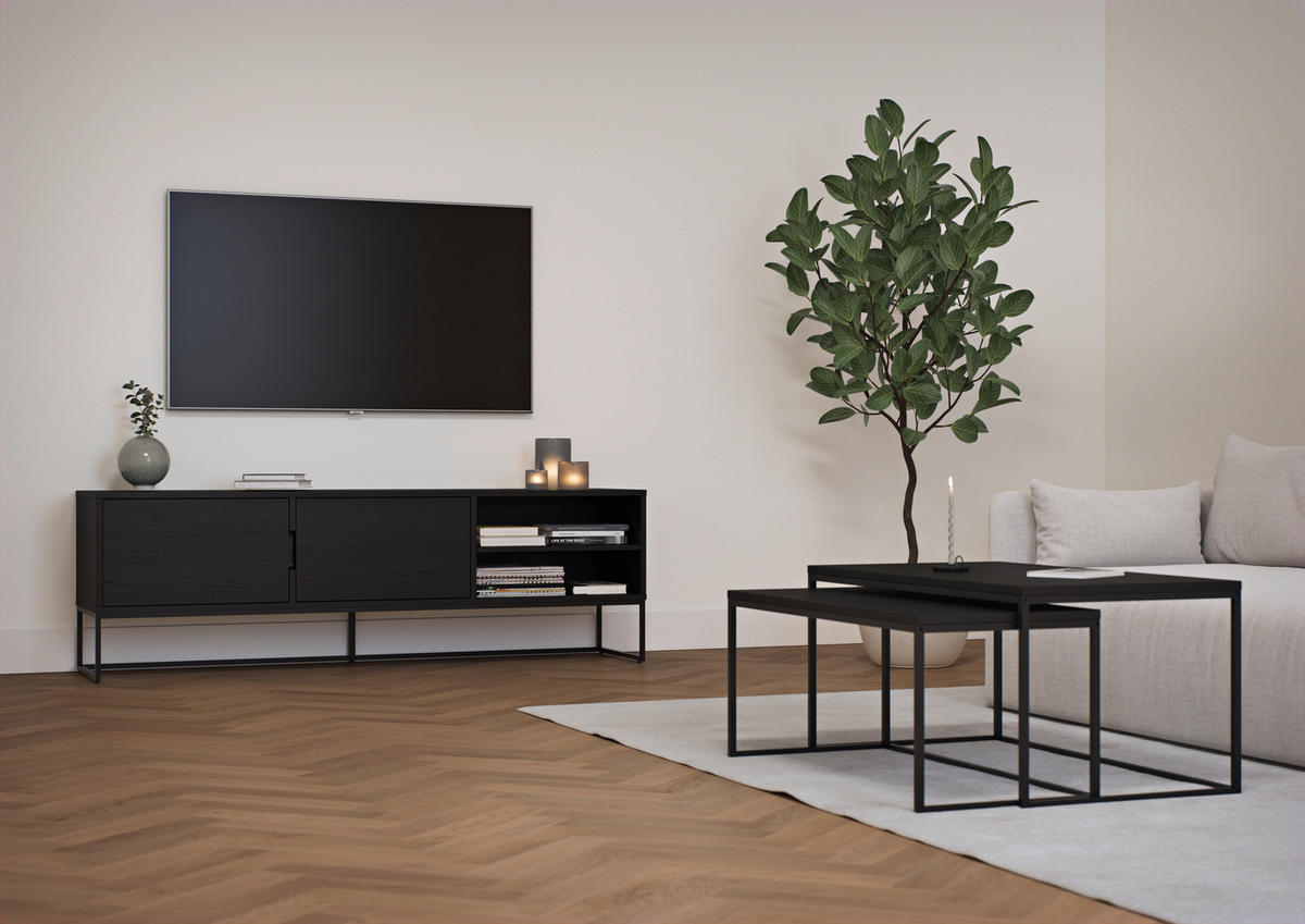 COUCHTISCHSET furniert rechteckig Schwarz, Eschefarben  - Eschefarben/Schwarz, Design, Holzwerkstoff/Metall (95-100/36,8-41,8/50-60cm)