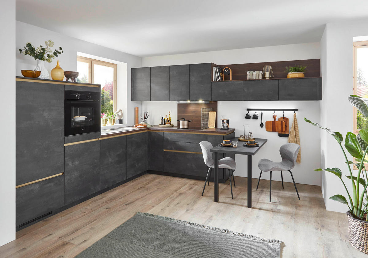 EINBAUKÜCHE 615  - Goldfarben/Walnussfarben, Design, Holzwerkstoff/Metall (305/370cm) - Nobilia