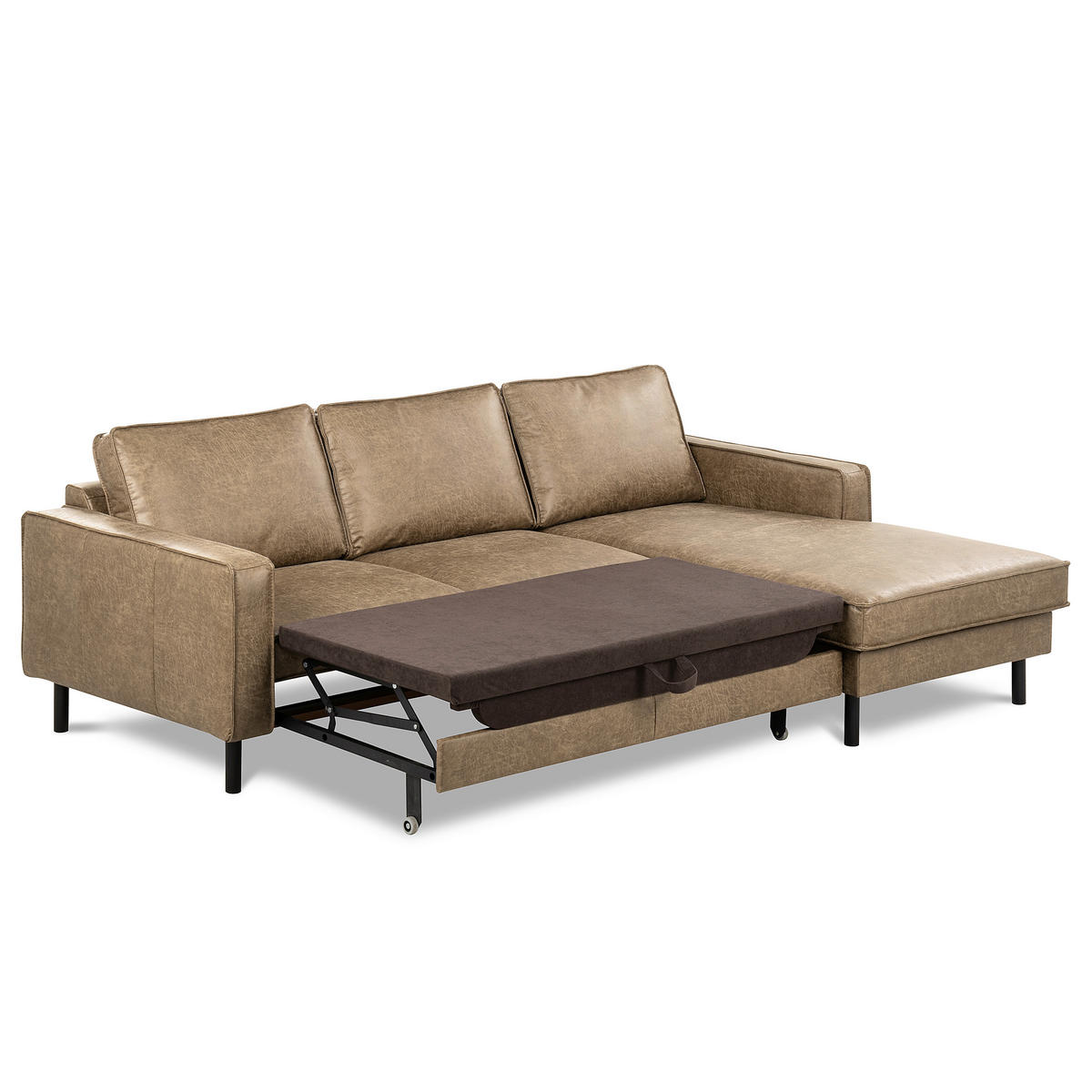 ECKSOFA Graubraun Echtleder Lederlook Bettkasten, Schlaffunktion, Rücken echt  - Graubraun/Schwarz, Design, Leder/Textil (166/238cm) - Livetastic