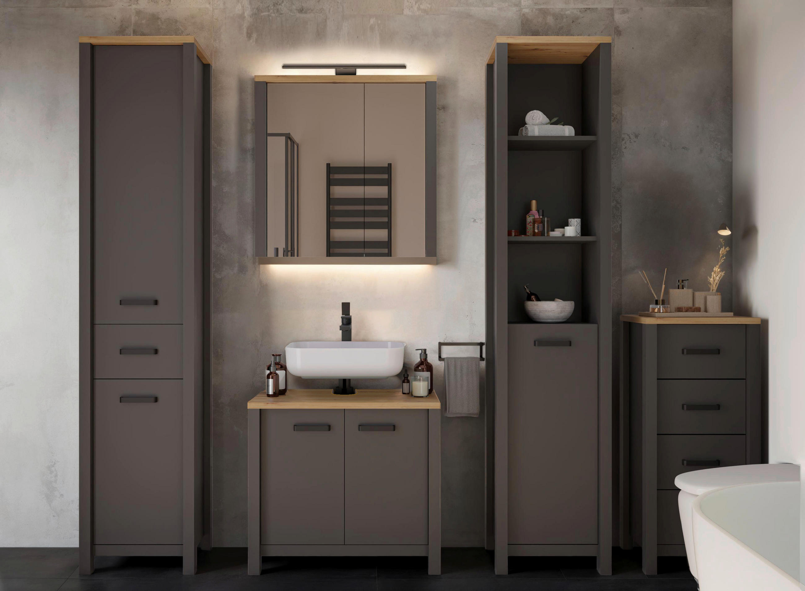 Thumbnail - home24 Midischrank Veneto, Anthrazit, Eiche Artisan, Metall, 4 Schublade(n) Schubladen, 42x94x40 cm, Beimöbel erhältlich...