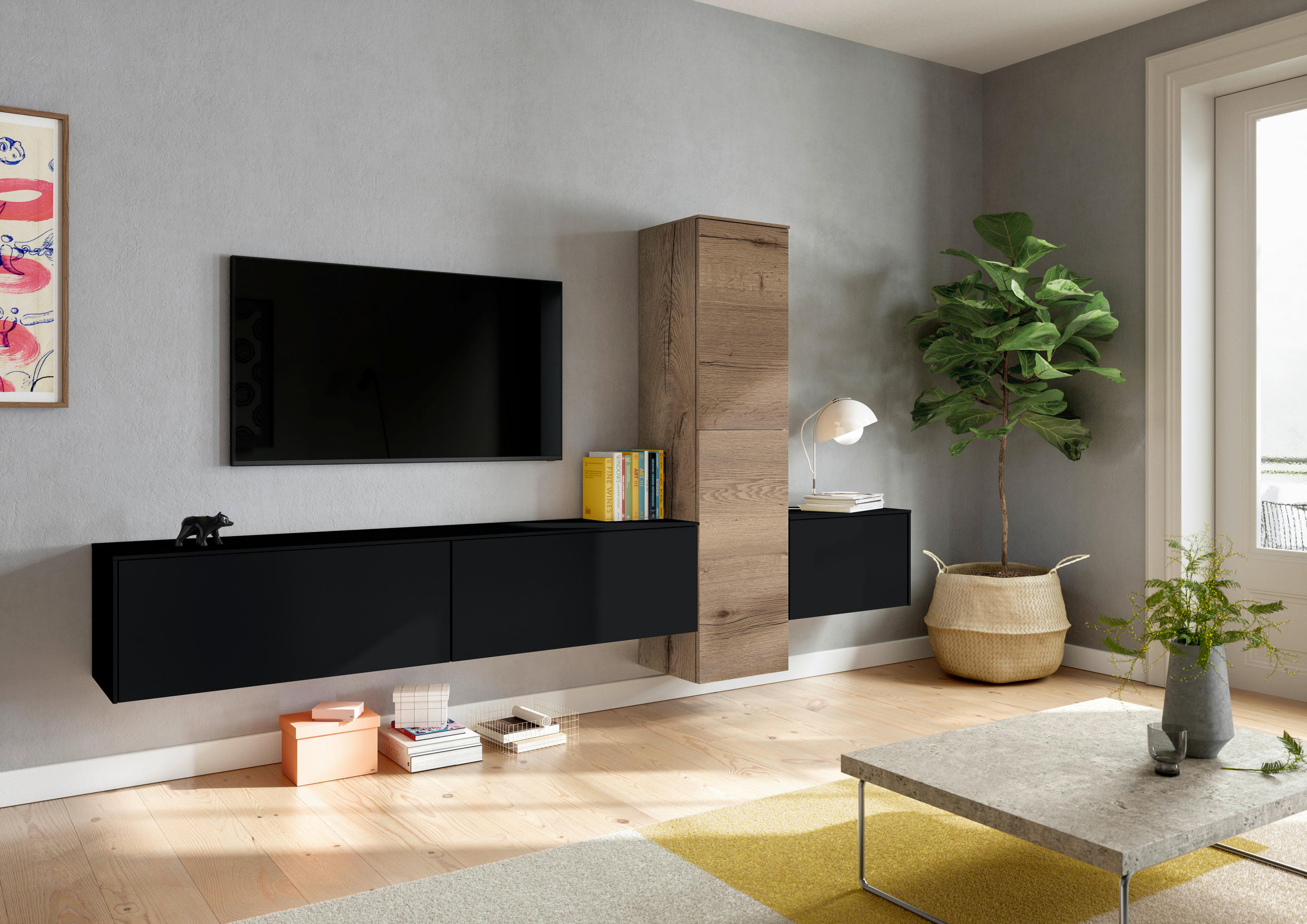 WOHNWAND  in Eichefarben, Schwarz  282/160/37 cm  - Eichefarben/Schwarz, Design, Holzwerkstoff (282/160/37cm) - Celina Home