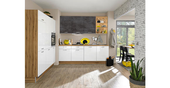 ECKKÜCHE 180/240 cm in Eichefarben, Weiß Hochglanz - Edelstahlfarben/Eichefarben, Design, Holzwerkstoff/Metall (180/240cm) - Xora