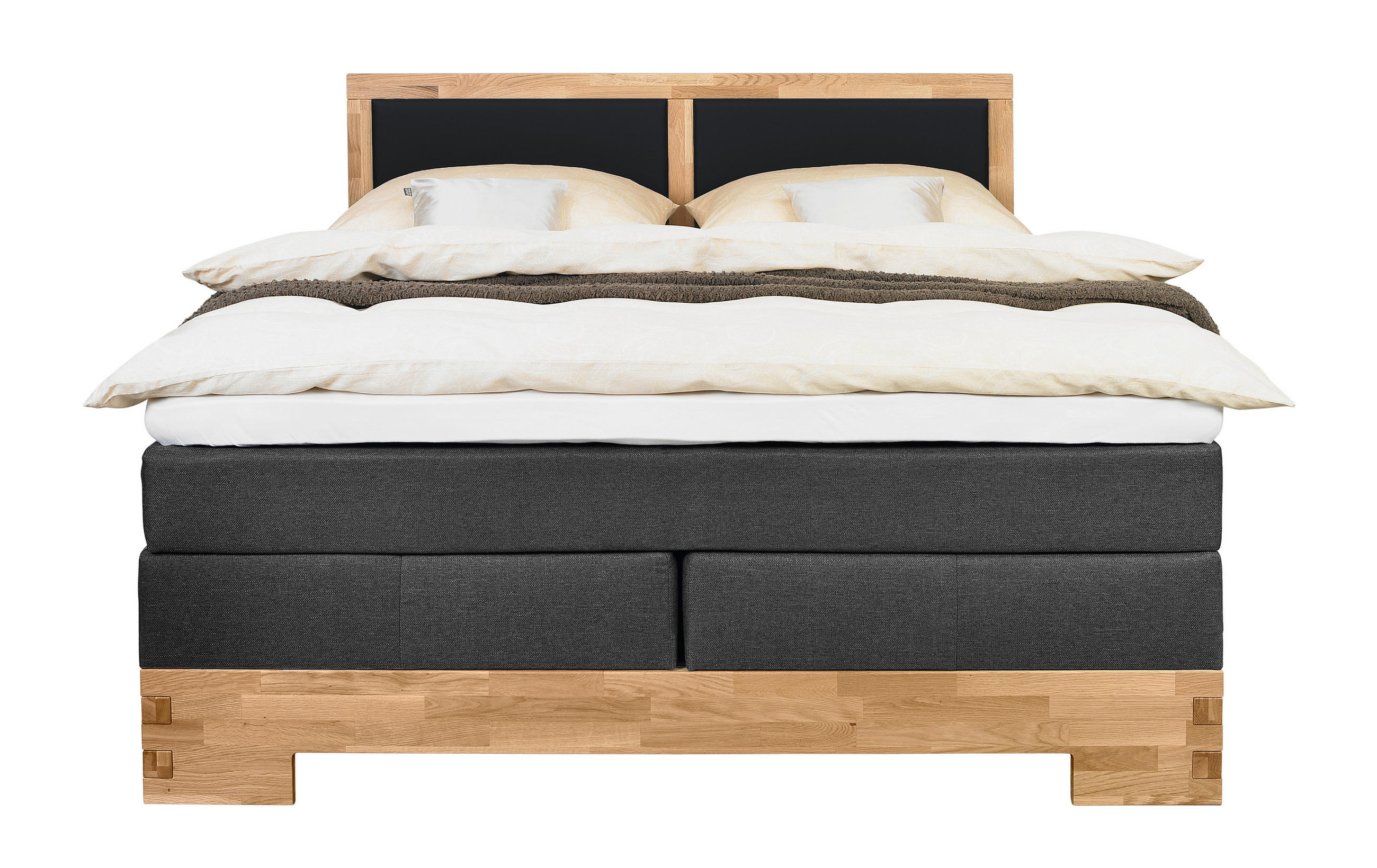 Thumbnail - Linea Natura Boxspringbett, Schwarz, Eiche, Textil, Wildeiche, massiv, H2 + H3, Höhe ca. 20 cm, 140x200 cm, Partnermatra...