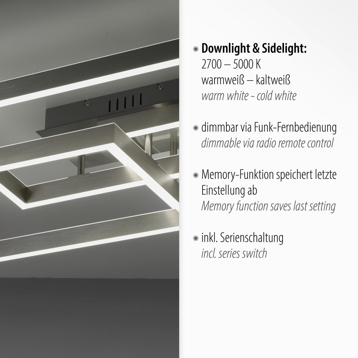 LED MENNYEZETI LÁMPA - nemesacélszínű, Design, műanyag/fém (82/50/14cm)