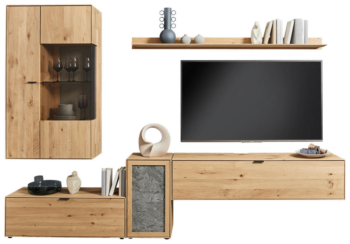 WOHNWAND  in Wildeiche  298,2/206,6/37,1 cm  - Wildeiche/Schwarz, Natur, Glas/Holz (298,2/206,6/37,1cm) - Valnatura