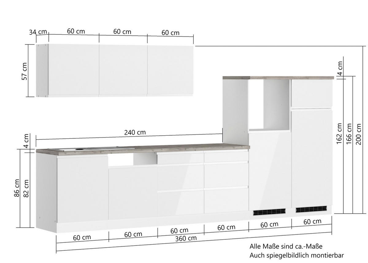 KÜCHENLEERBLOCK 360 cm   in Eiche Wotan, Weiß, Weiß Hochglanz  - Weiß Hochglanz/Eiche Wotan, LIFESTYLE, Holzwerkstoff (360cm) - Held
