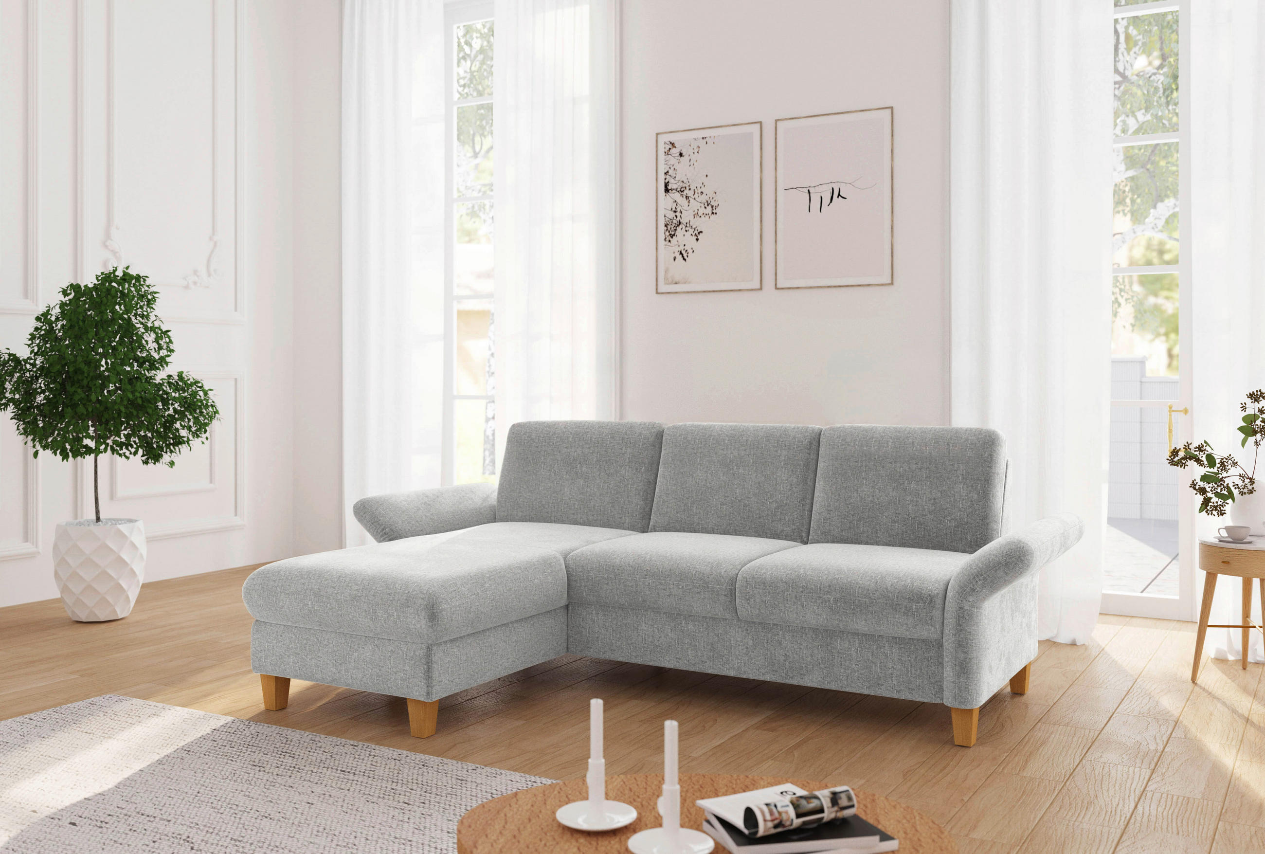 ECKSOFA ROCHELLE E Hellgrau Flachgewebe  - Eichefarben/Hellgrau, KONVENTIONELL, Holz/Textil (164/251cm) - Sit & More