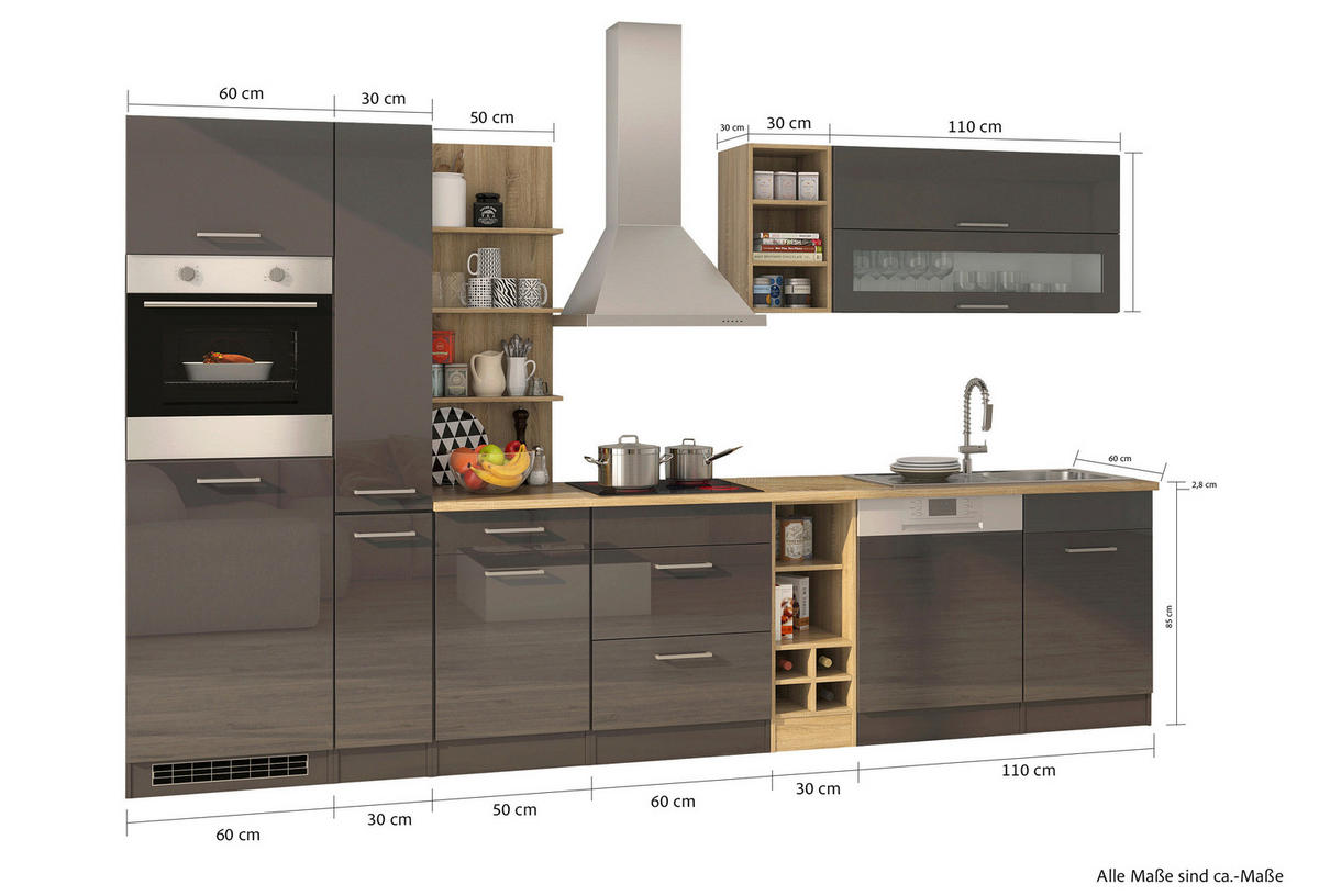 KÜCHENLEERBLOCK 340 cm   in Graphitfarben  - Silberfarben/Graphitfarben, MODERN, Holzwerkstoff/Metall (340cm) - Held