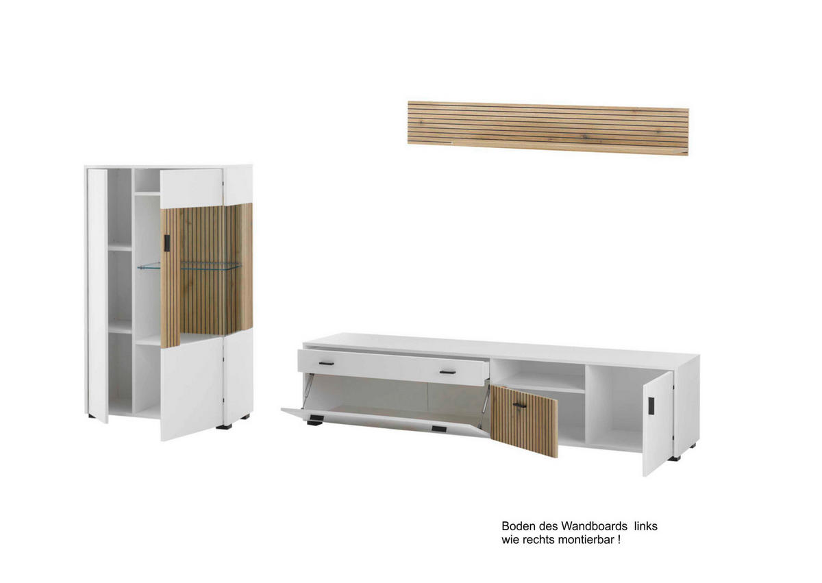 WOHNWAND 3-teilig  in Weiß, Eichefarben  285/170/42 cm  - Eichefarben/Schwarz, Design, Glas/Holzwerkstoff (285/170/42cm) - MID.YOU