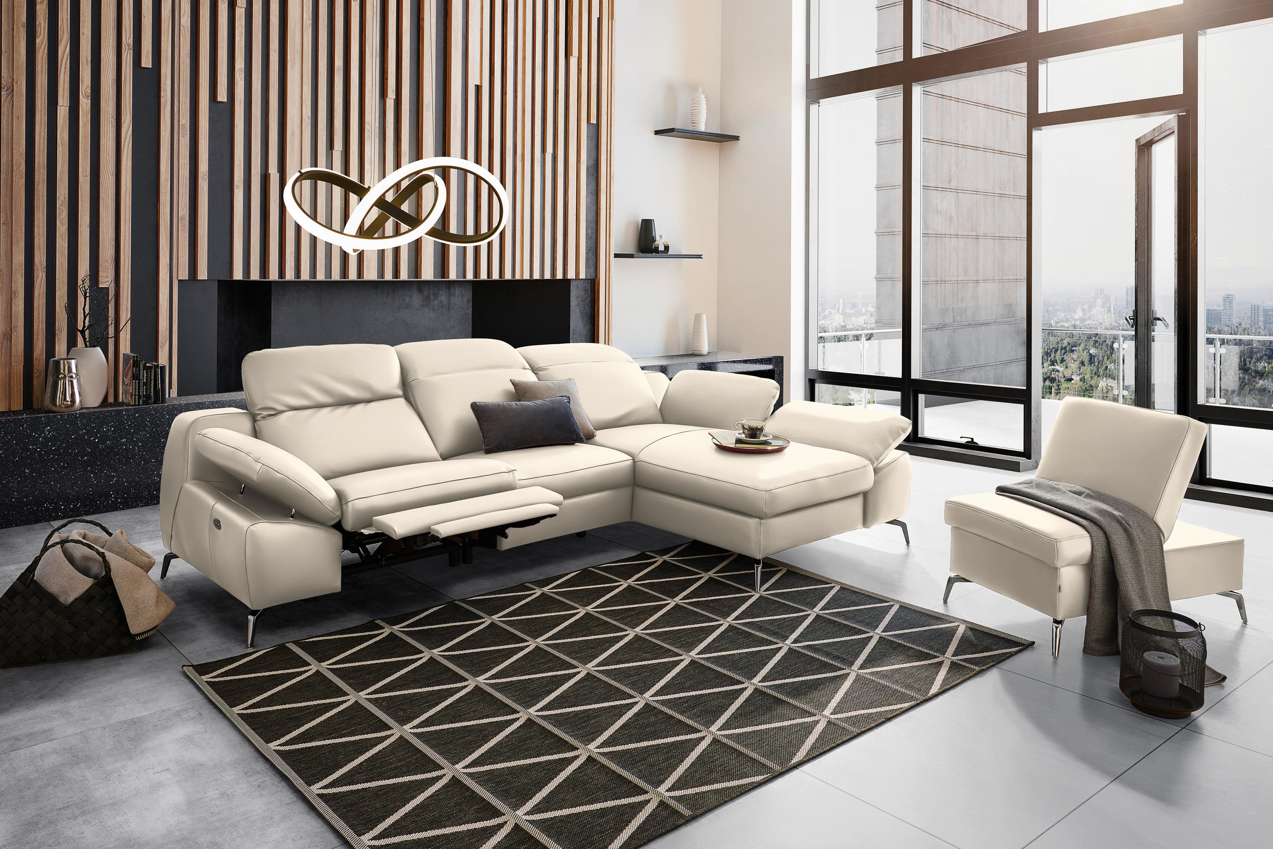 ECKSOFA in Echtleder Beige  286/183 cm  - Beige/Schwarz, Design, Leder/Metall (286/183cm) - Celina Home