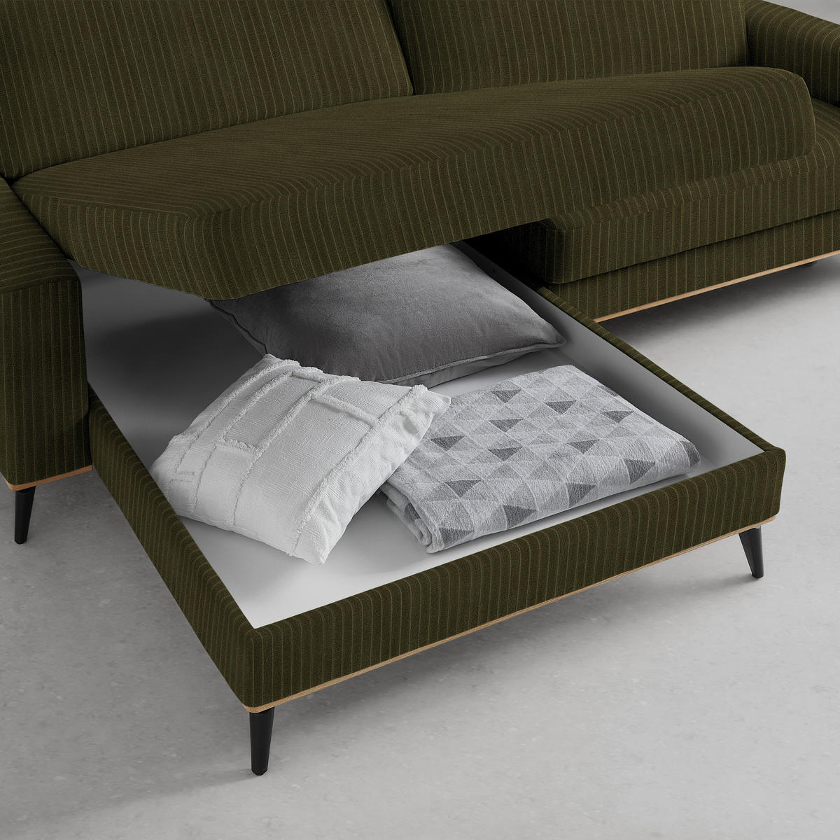 ECKSOFA Chenille, Cord Dunkelgrün  - Dunkelgrün/Schwarz, Konventionell, Holz/Textil (167/87/234cm) - MID.YOU