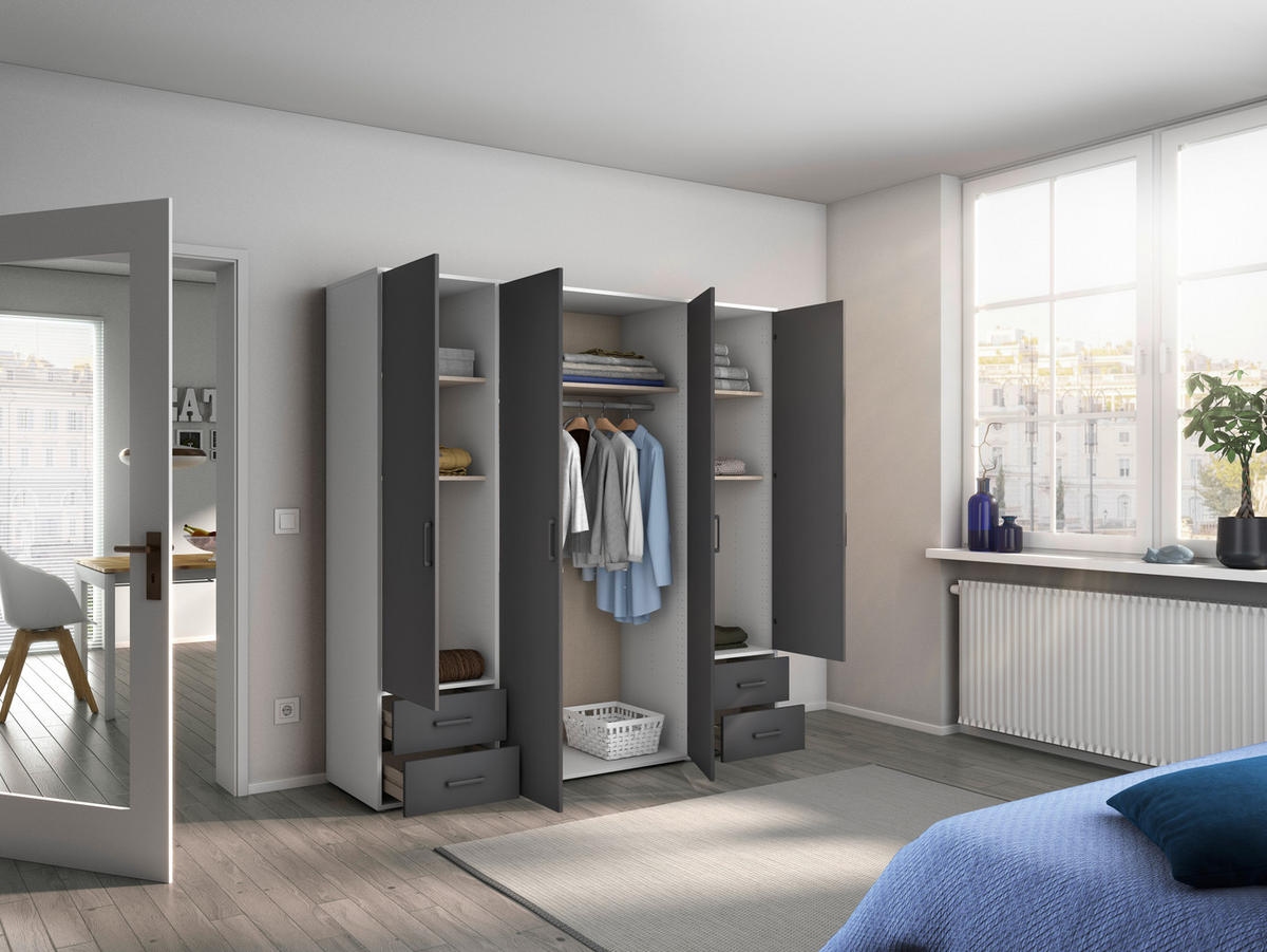 DREHTÜRENSCHRANK in Grau, Weiss  - Weiss/Grau, Modern, Holzwerkstoff/Kunststoff (187/194/53cm) - Rauch Möbel