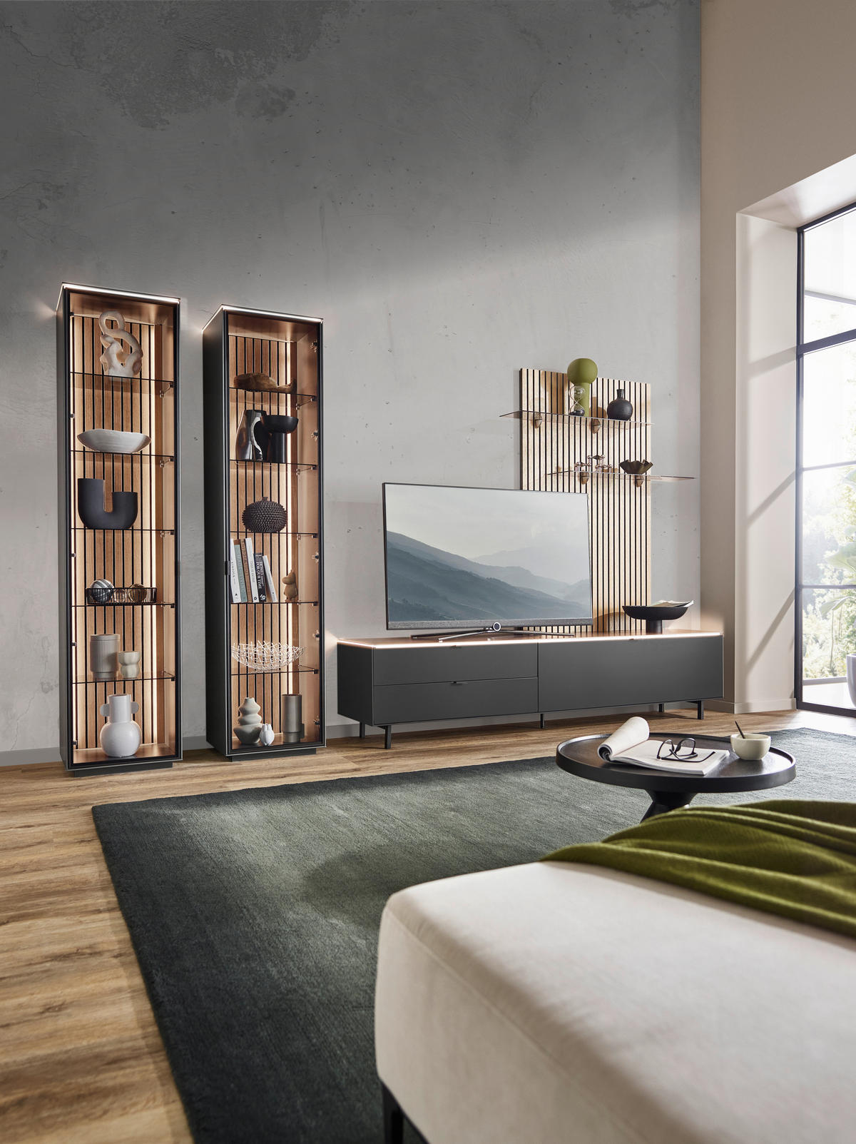 WOHNWAND  in Anthrazit, Naturfarben, Eichefarben 216/198,3/46 cm  - Eichefarben/Anthrazit, Design, Glas/Holz (216/198,3/46cm) - Dieter Knoll