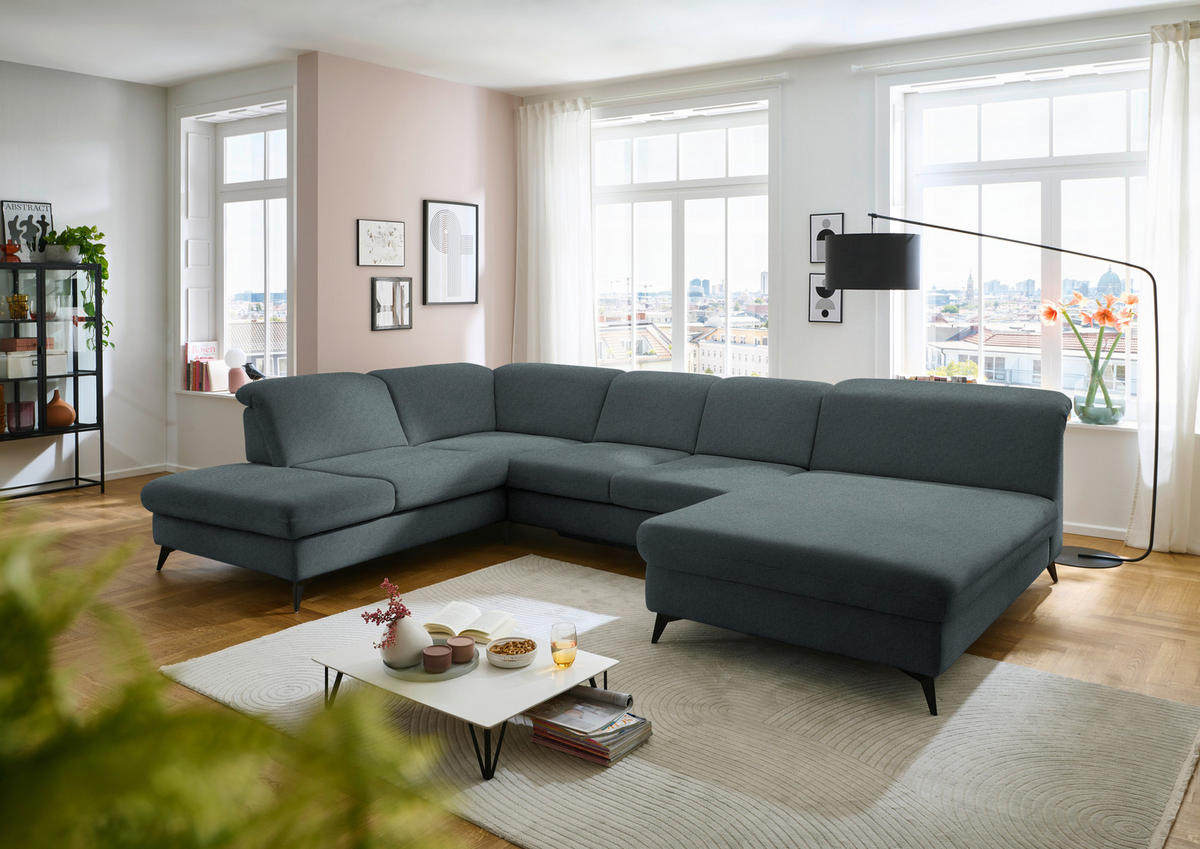 WOHNLANDSCHAFT  in Chenille Blau  - Blau/Schwarz, Design, Textil/Metall (255/369/198cm) - Beldomo Style