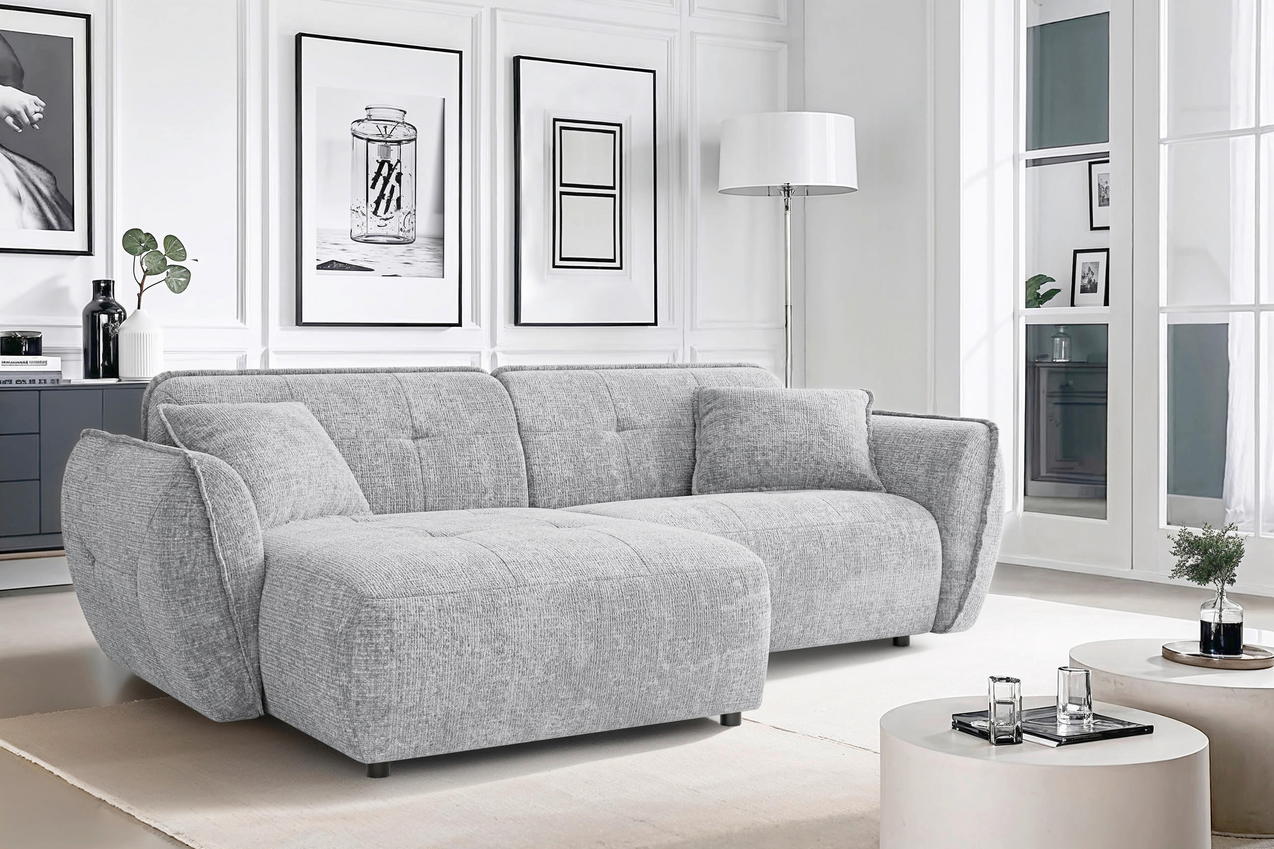 ECKSOFA Nelia in Chenille Hellgrau  155/252 cm  - Hellgrau/Schwarz, Design, Kunststoff/Textil (155/252cm) - P & B