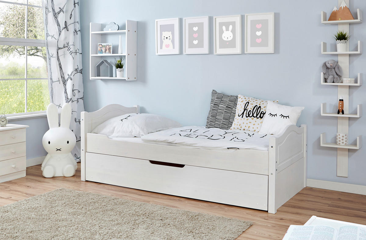 AUSZIEHBETT 90/200 cm,  in Weiß, Bettkasten, Rollrost für Zusatzbett, Rollrost für Hauptbett  - Naturfarben/Weiß, MODERN, Holz (90/200cm) - MID.YOU