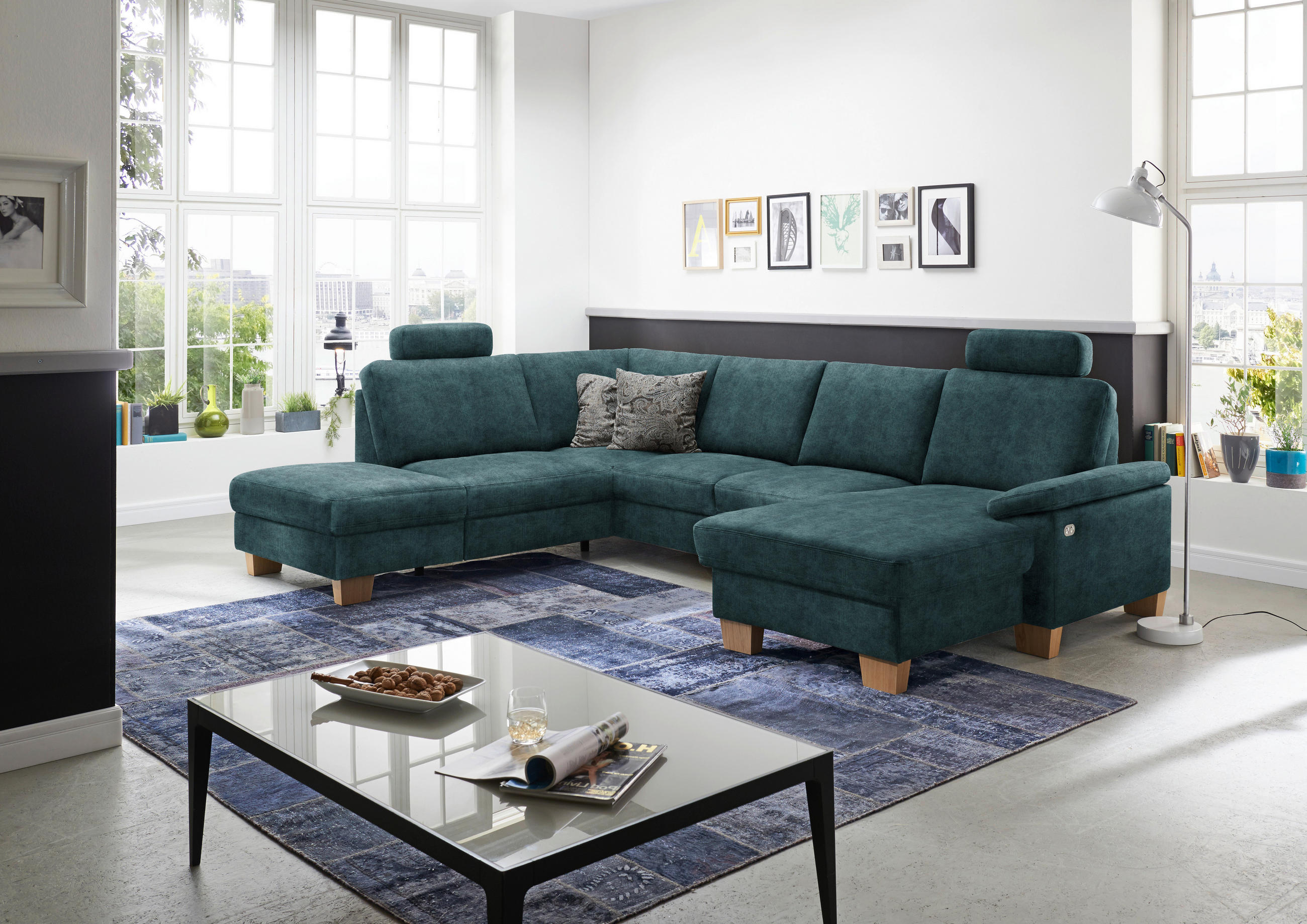 WOHNLANDSCHAFT in Velours Petrol  - Eichefarben/Petrol, Konventionell, Holz/Textil (167/316/235cm) - Beldomo System
