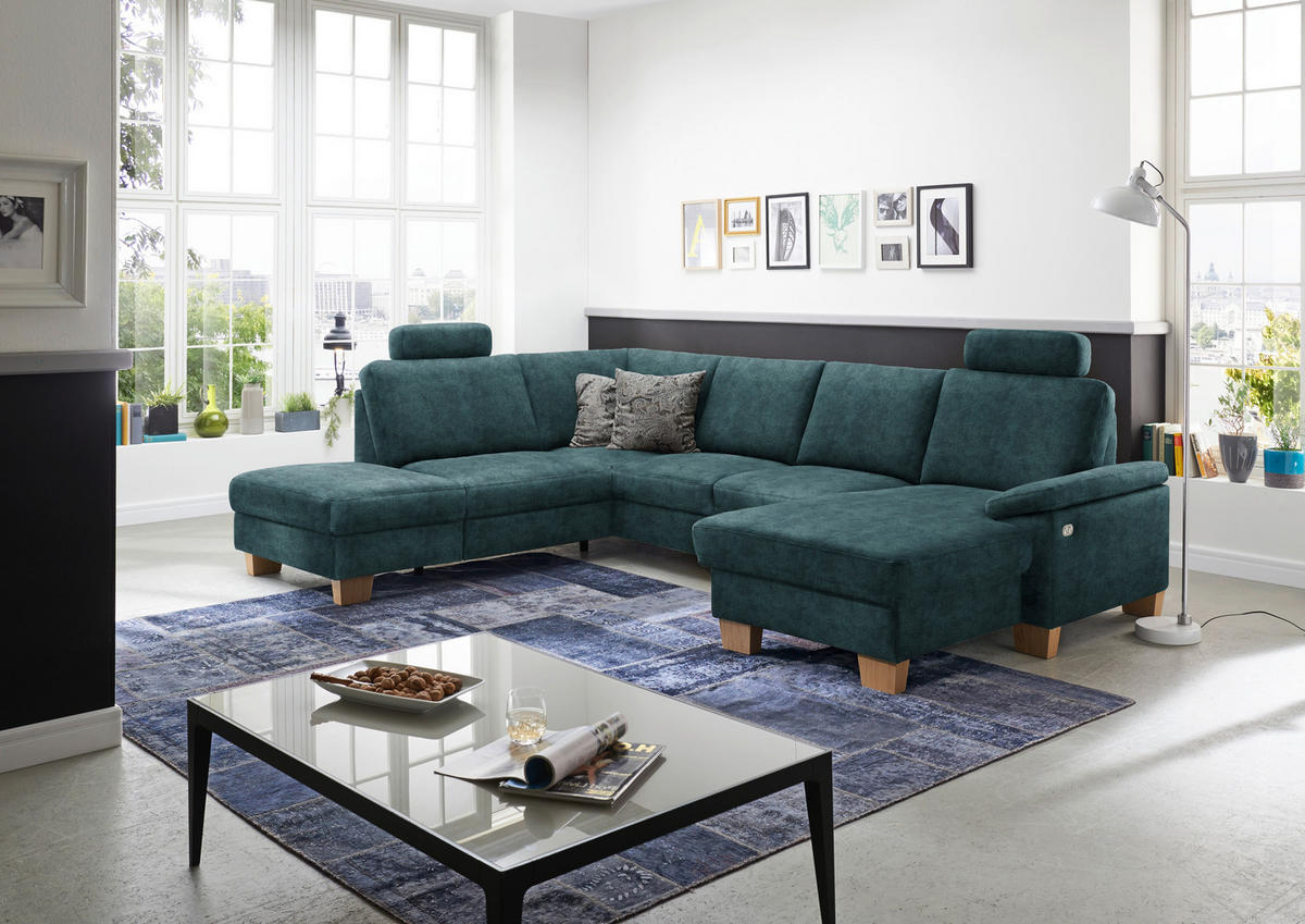 WOHNLANDSCHAFT in Velours Petrol  - Eichefarben/Petrol, Konventionell, Holz/Textil (167/316/235cm) - Beldomo System