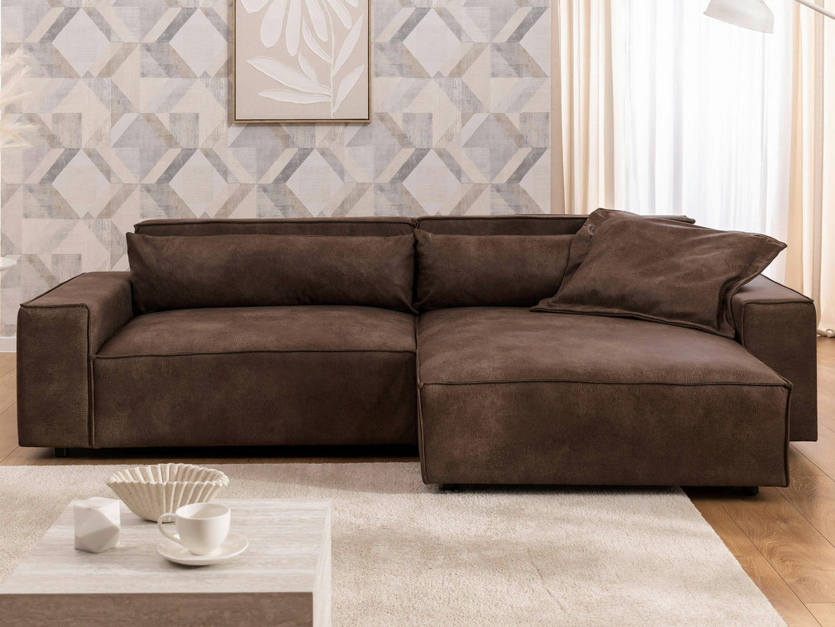 ECKSOFA Curduroy in Lederlook Braun Rückenkissen  251/142 cm  - Schwarz/Braun, Design, Kunststoff/Textil (251/142cm) - P & B