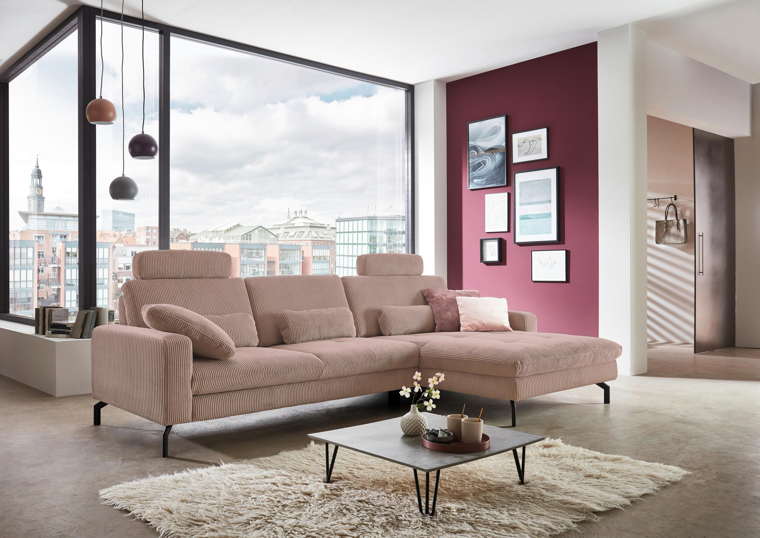 ECKSOFA Altrosa Cord  - Schwarz/Altrosa, Design, Textil/Metall (302/178cm) - Carryhome