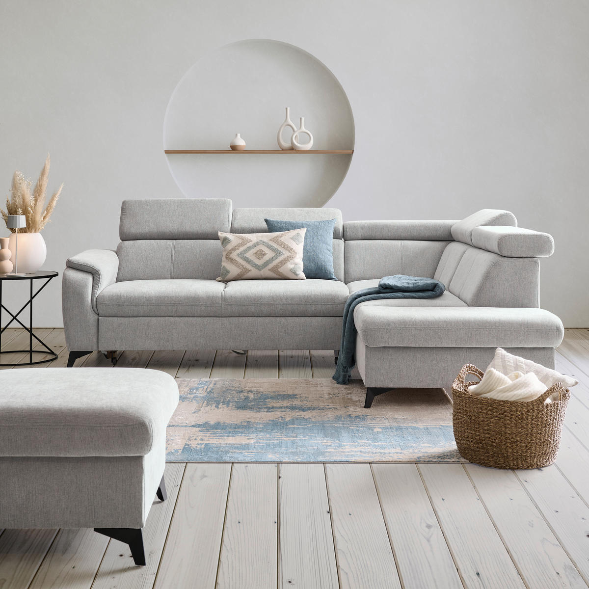ECKSOFA in Chenille Grau  - Schwarz/Grau, Design, Textil/Metall (260/203cm) - Stylife