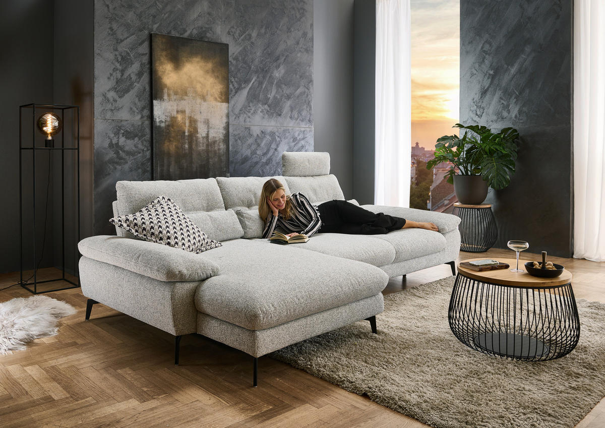ECKSOFA Hellgrau Flachgewebe  - Hellgrau/Schwarz, Design, Textil/Metall (168/303cm) - Valdera