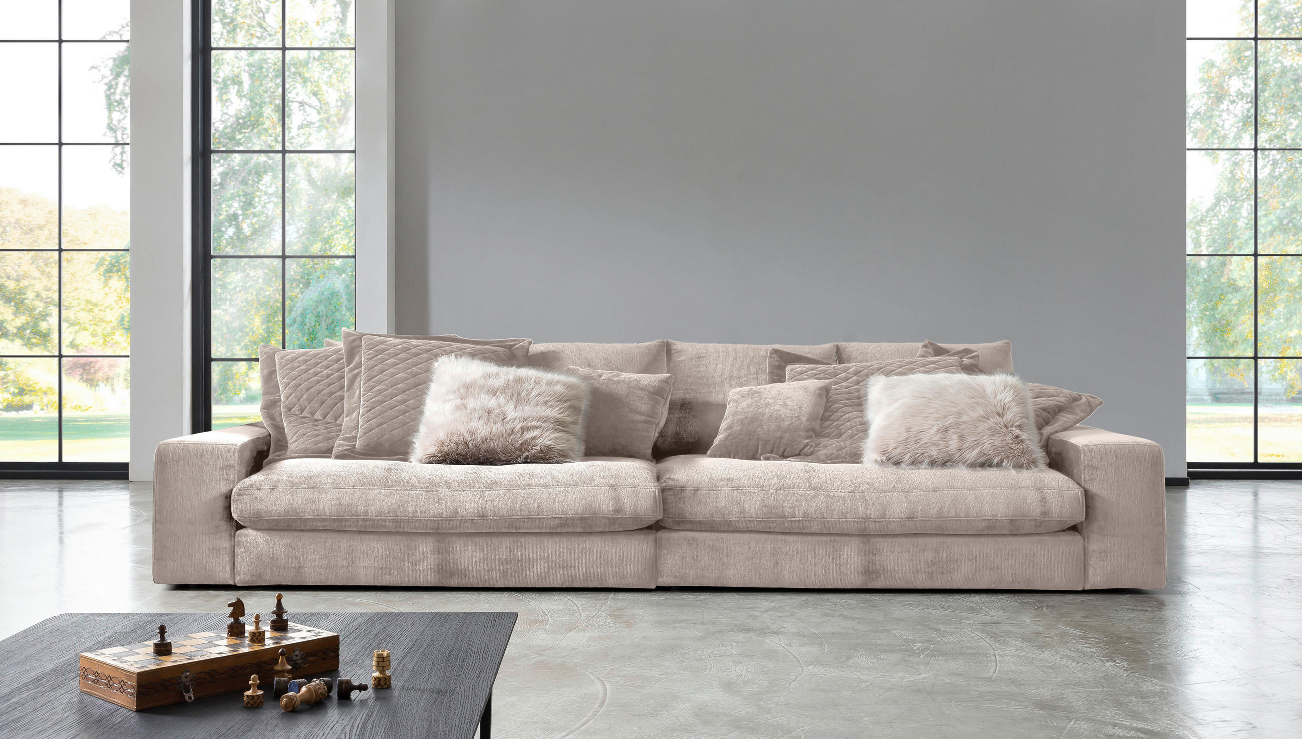 BIGSOFA Chenille Creme  - Creme/Schwarz, MODERN, Kunststoff/Textil (273/67/125cm) - MID.YOU