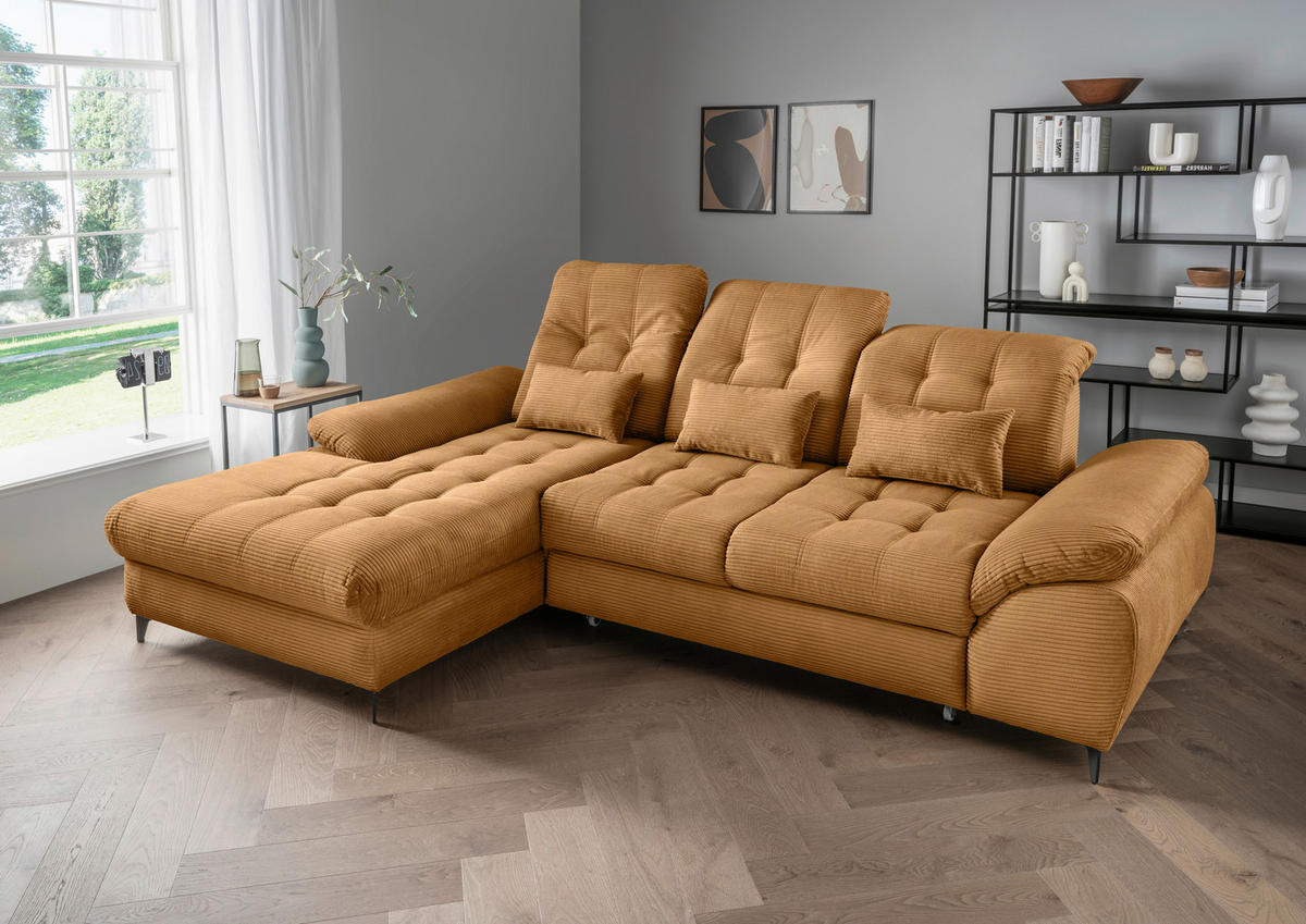 ECKSCHLAFSOFA  mit seitenverkehrt erhältlich, Rücken echt, Armteil links, Armteil rechts Cord Goldfarben  - Goldfarben/Schwarz, MODERN, Textil/Metall (189/273cm) - Livetastic