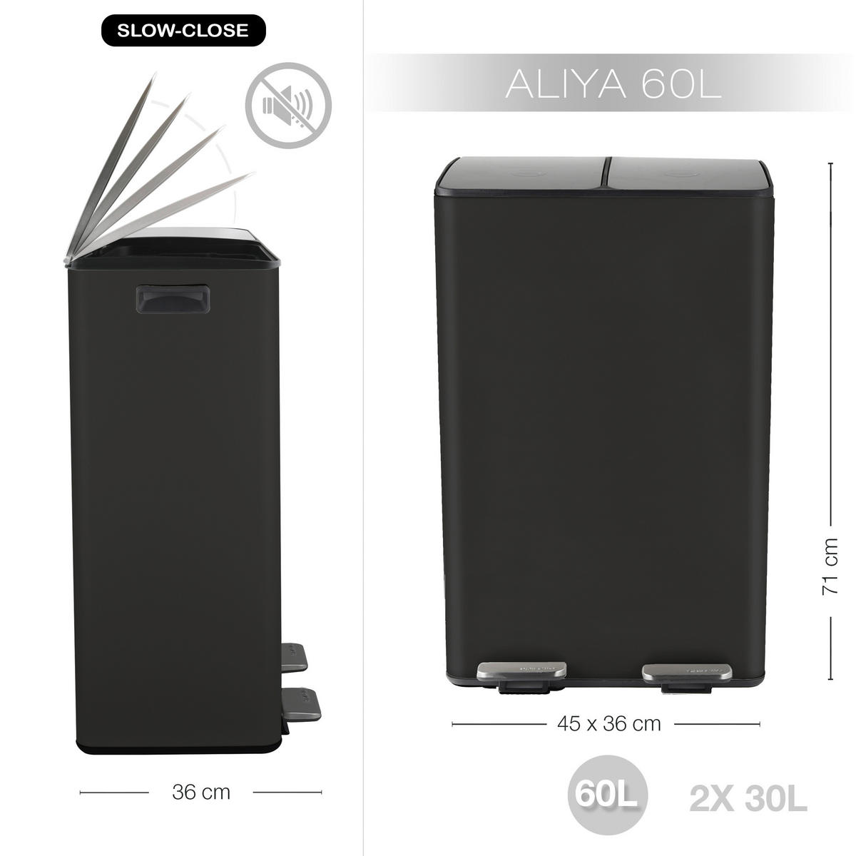 ABFALLEIMER 60 l  Metall  - Schwarz, Basics, Kunststoff/Metall (45/30/71cm) - Spirella