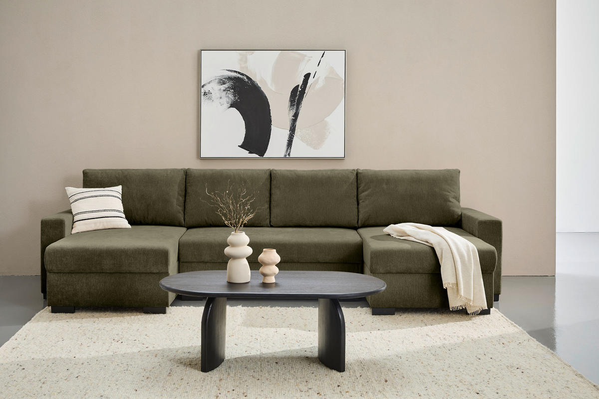 WOHNLANDSCHAFT Olivgrün Chenille  - Schwarz/Olivgrün, KONVENTIONELL, Kunststoff/Textil (140/328/140cm) - Ti'me