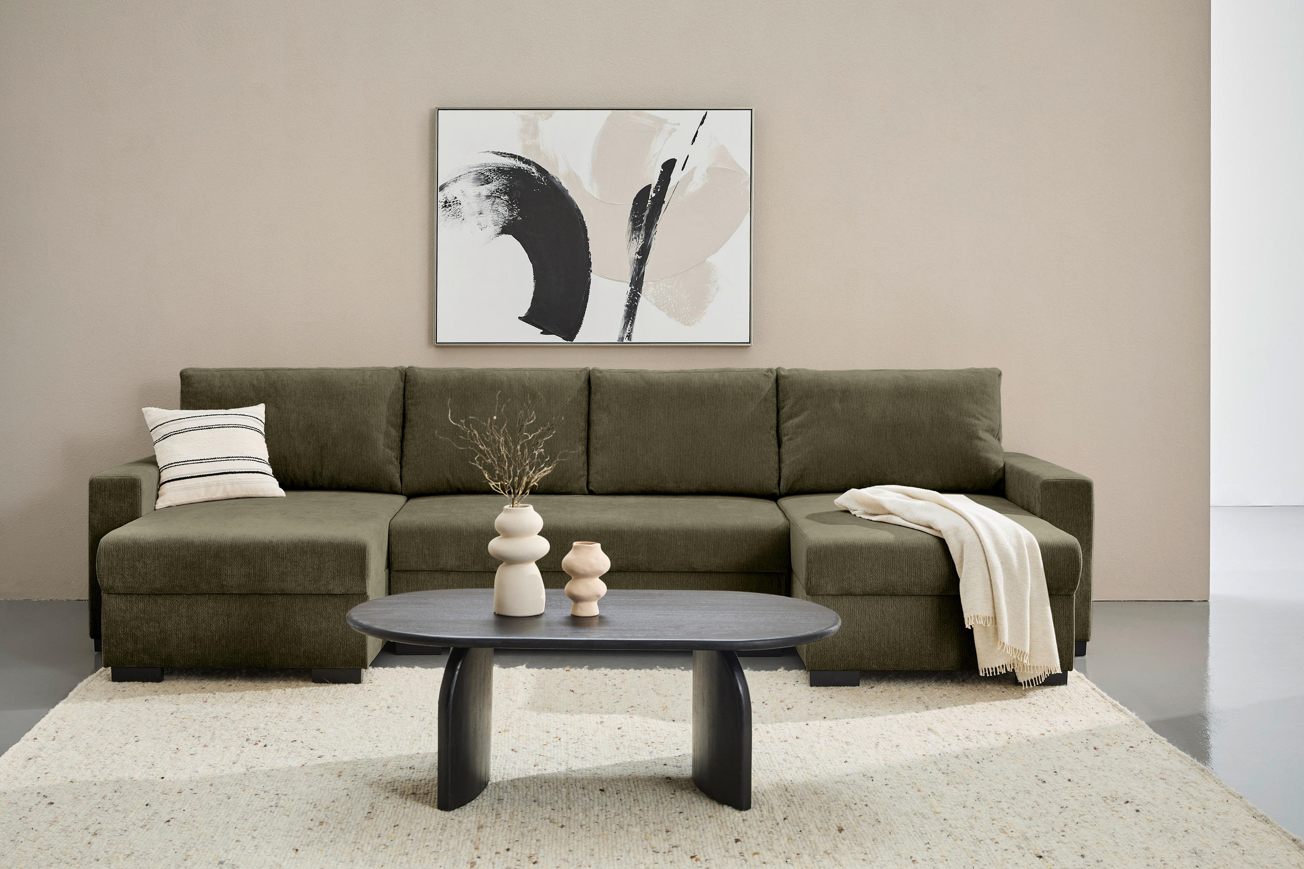 Thumbnail - Ti'me Wohnlandschaft, Olivgrün, Textil, 3-Sitzer, Füllung: Schaumstoff, U-Form, 328x140 cm, Liegefunktion, Rücken echt, ...