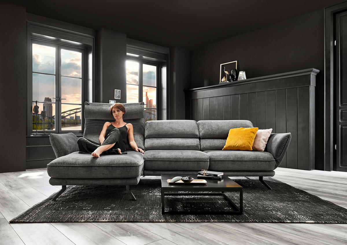 ECKSOFA in Velours Silberfarben  - Silberfarben/Schwarz, Design, Textil/Metall (153/283cm) - Valdera
