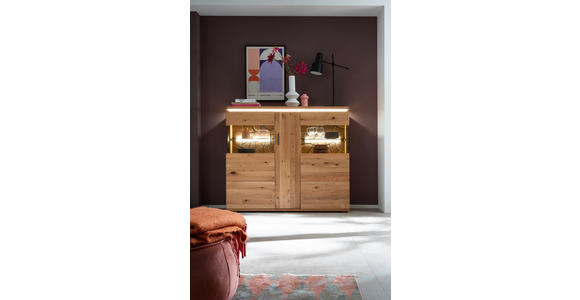 HIGHBOARD Grau, Eichefarben  150/128/37 cm  - Eichefarben/Anthrazit, Natur, Glas/Holz (150/128/37cm) - Linea Natura