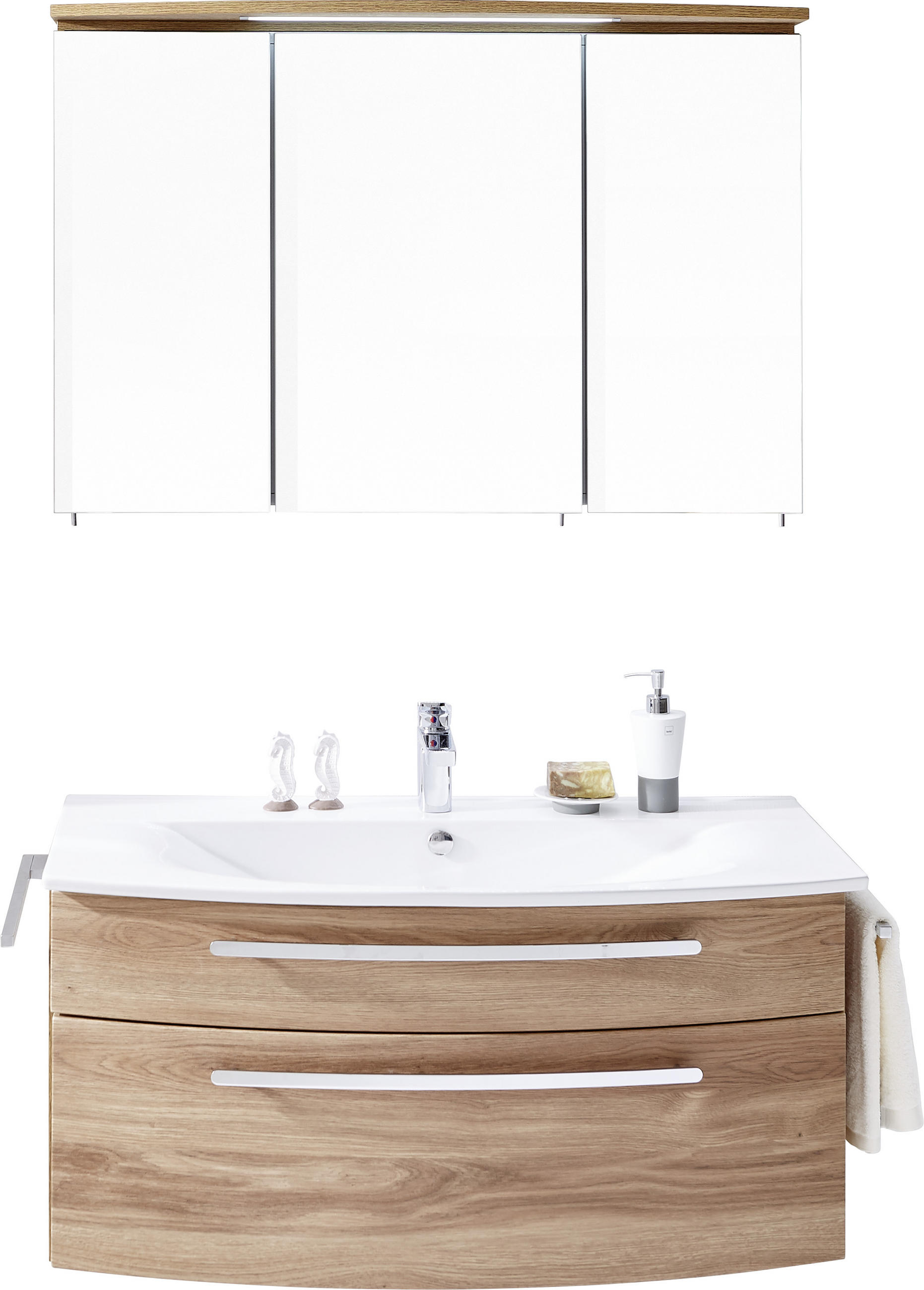 Thumbnail - Novel Badezimmer, Eiche, Glas, Holzwerkstoff, 2 Schubladen, 100 cm, Goldenes M, Made in Germany, hängend, erweiterbar, T...