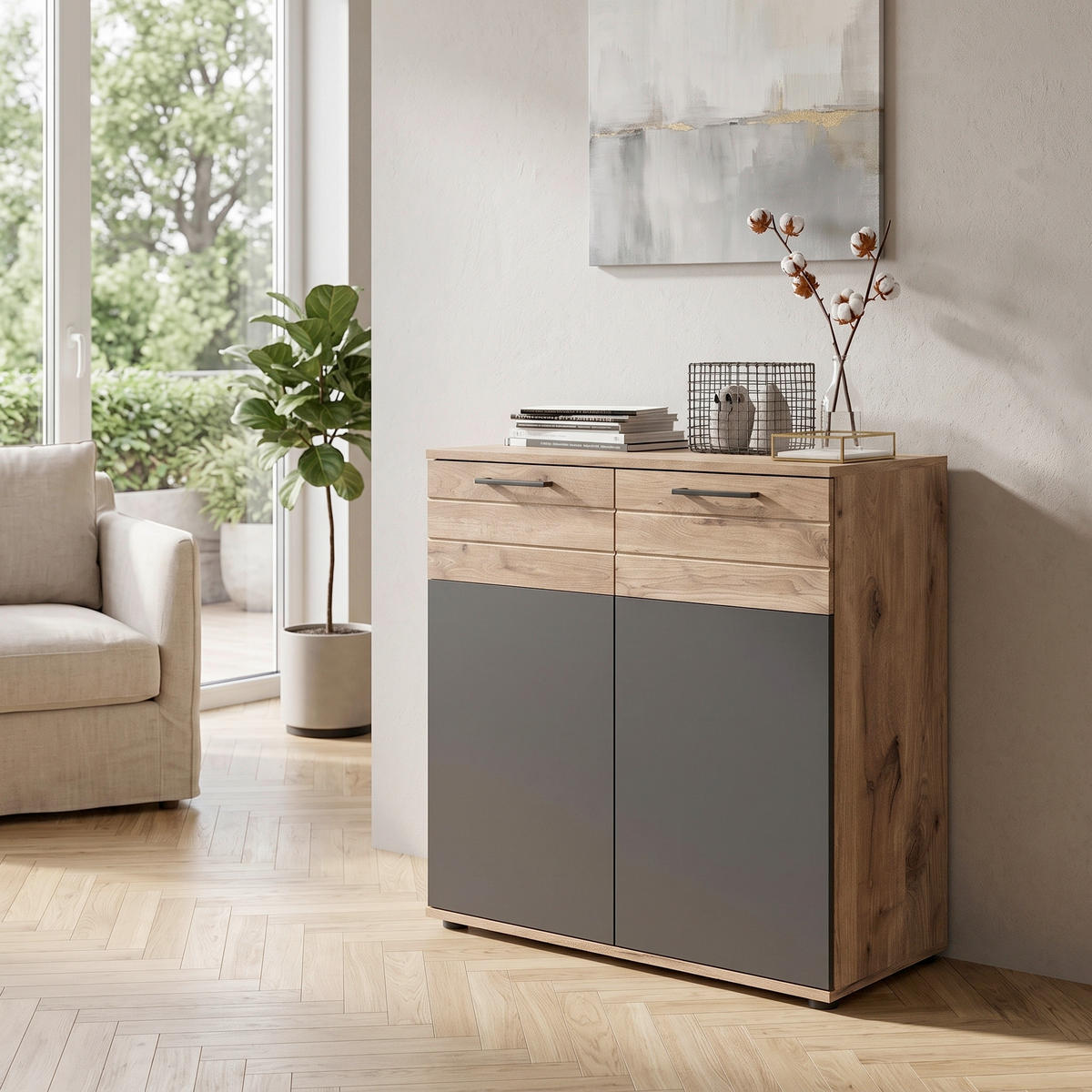 KOMMODE , 80/87/40 cm,  - Eichefarben/Grau, Holzwerkstoff/Kunststoff (80/87/40cm) - MID.YOU
