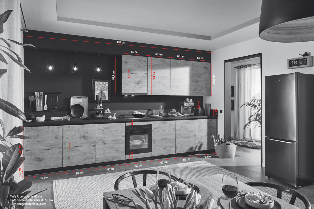 KÜCHENLEERBLOCK 430 cm   Schwarz, Eichefarben  - Eichefarben/Schwarz, Basics, Holzwerkstoff/Metall (430cm) - Impuls