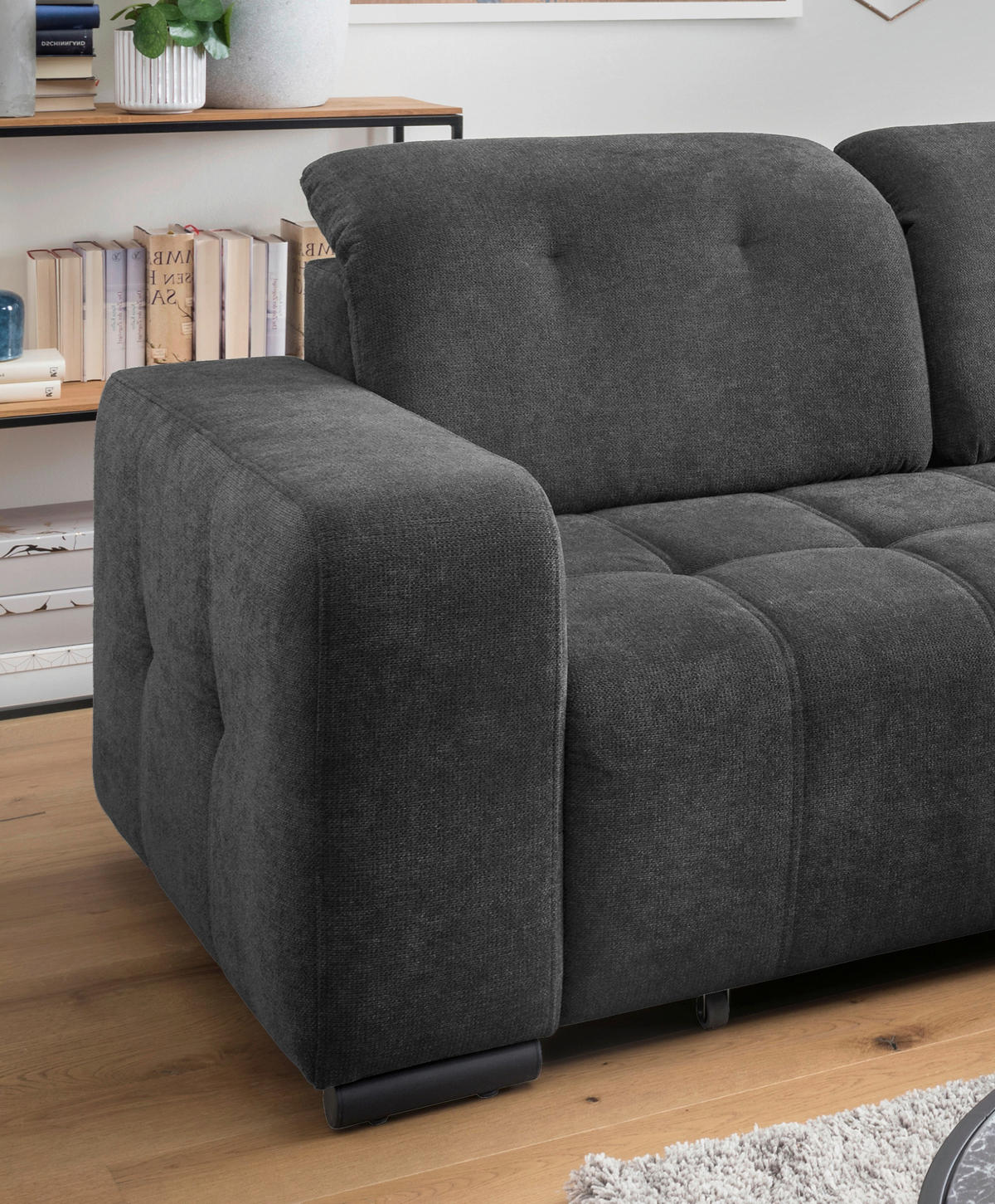 ECKSOFA VICARI Anthrazit Mikrofaser Kopfteilverstellung, Sitzvorzug  - Anthrazit/Schwarz, MODERN, Textil/Metall (292/185cm) - Livetastic