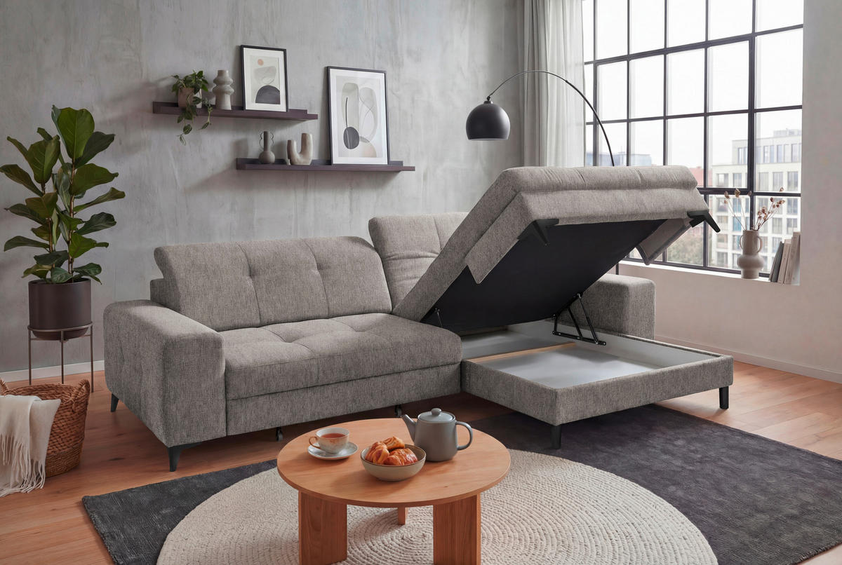 ECKSOFA SORELLA in Mikrovelours Taupe Kopfteilverstellung, Sitztiefenverstellung  328/182 cm  - Taupe/Schwarz, Design, Kunststoff/Textil (328/182cm) - MID.YOU