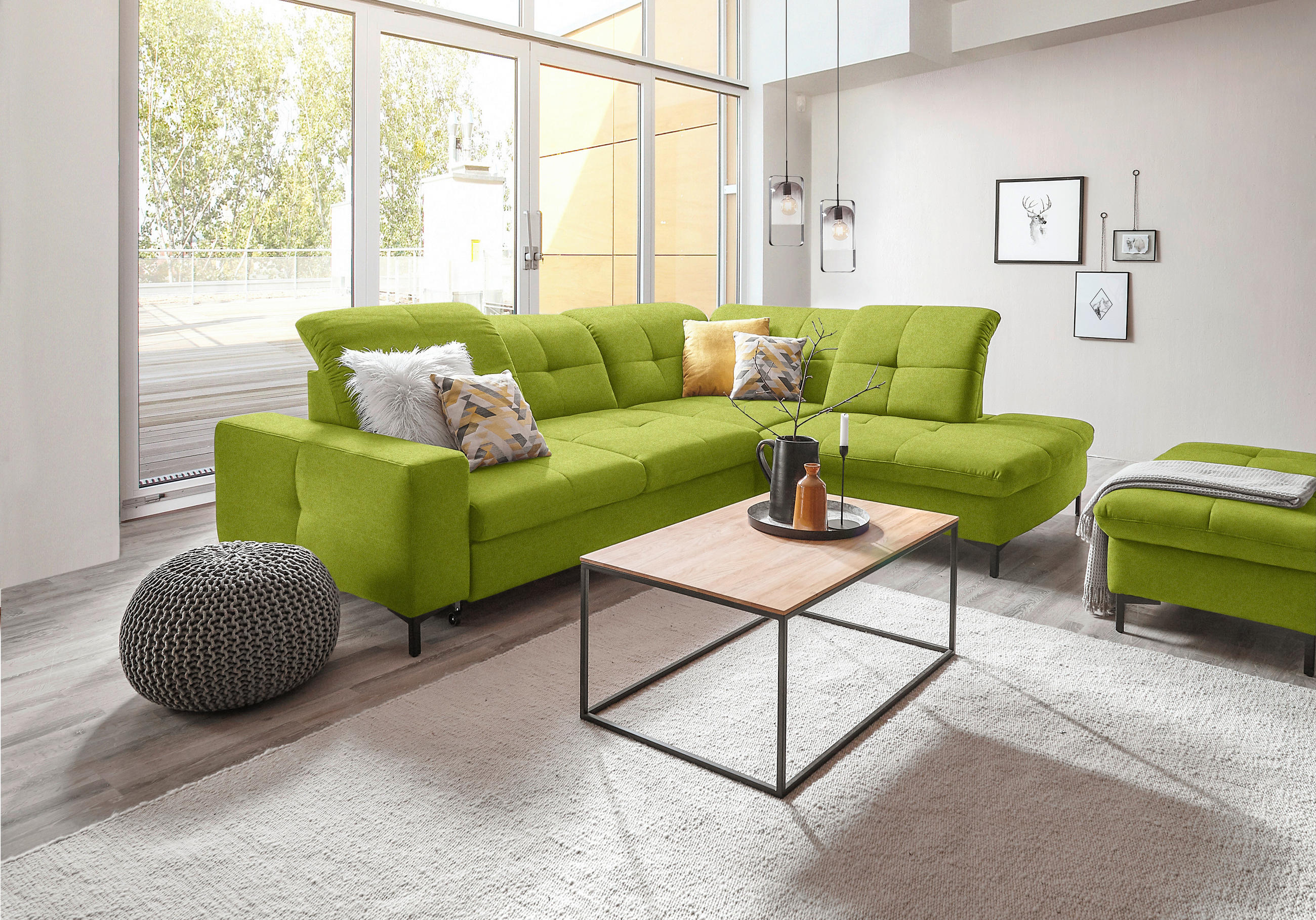 ECKSOFA in Chenille Limette  - Limette/Schwarz, Design, Textil/Metall (310/240cm) - Xora