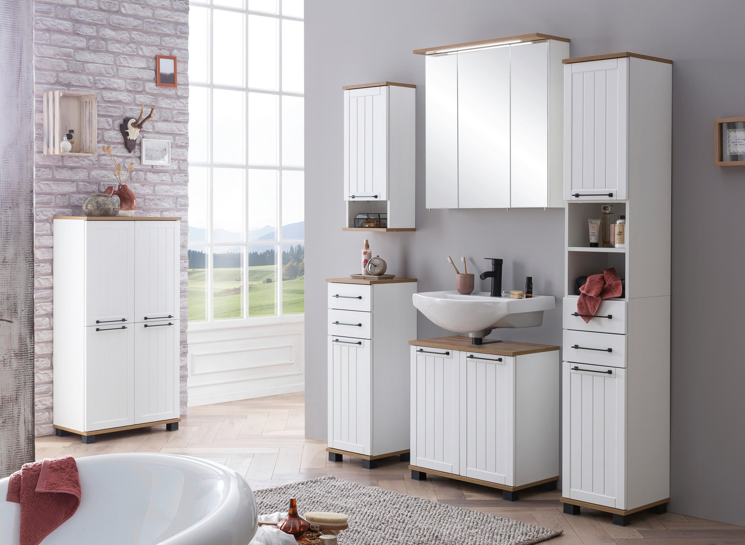 Thumbnail - Stylife Waschbeckenunterschrank Jelda, Weiß, Eiche, Metall, 1 Fächer, 59.8x62.4x32.6 cm, Made in Germany, stehend, Badez...