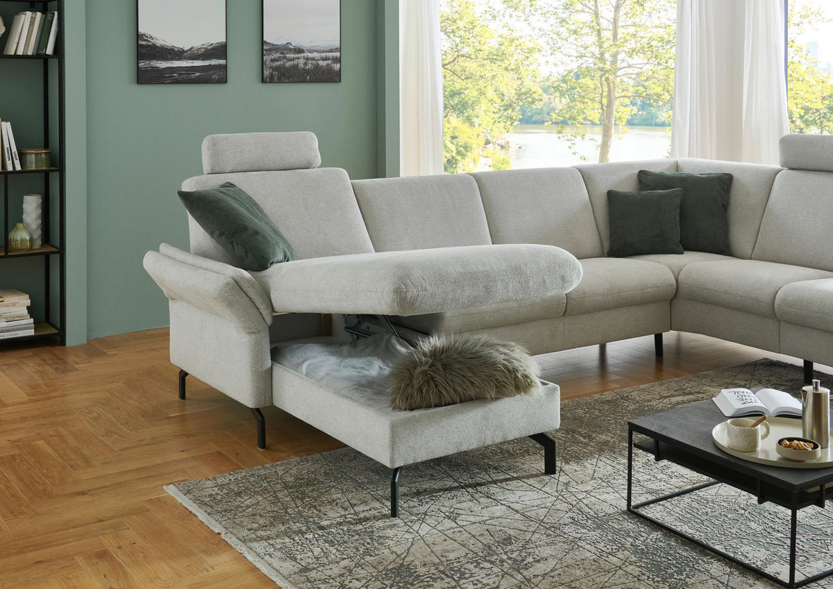 WOHNLANDSCHAFT Flachgewebe Ecru  - Ecru/Schwarz, Konventionell, Textil/Metall (170/307/190cm) - Beldomo Comfort