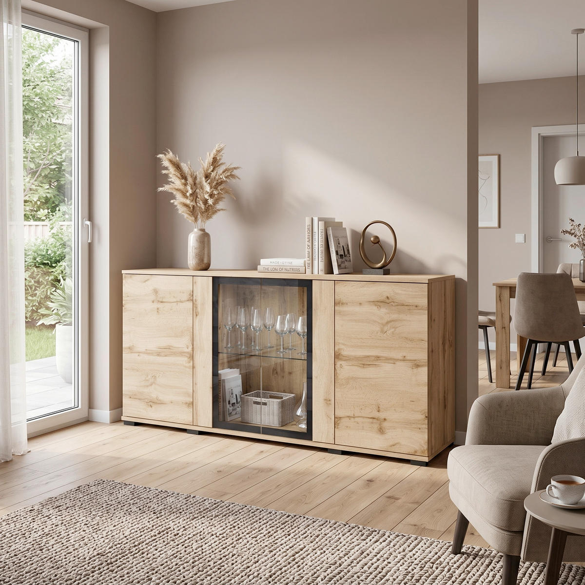 SIDEBOARD Caro 150/69,7/39,5 cm  - Eiche Wotan/Schwarz, Design, Glas/Holzwerkstoff (150/69,7/39,5cm) - P & B