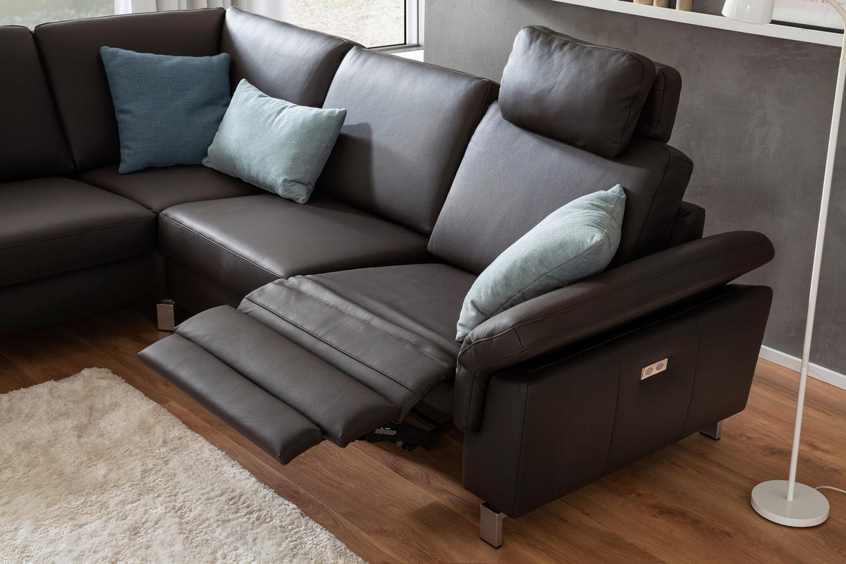 ECKSOFA in Echtleder Dunkelbraun  - Chromfarben/Dunkelbraun, Design, Leder/Metall (271/200cm) - Pure Home Lifestyle