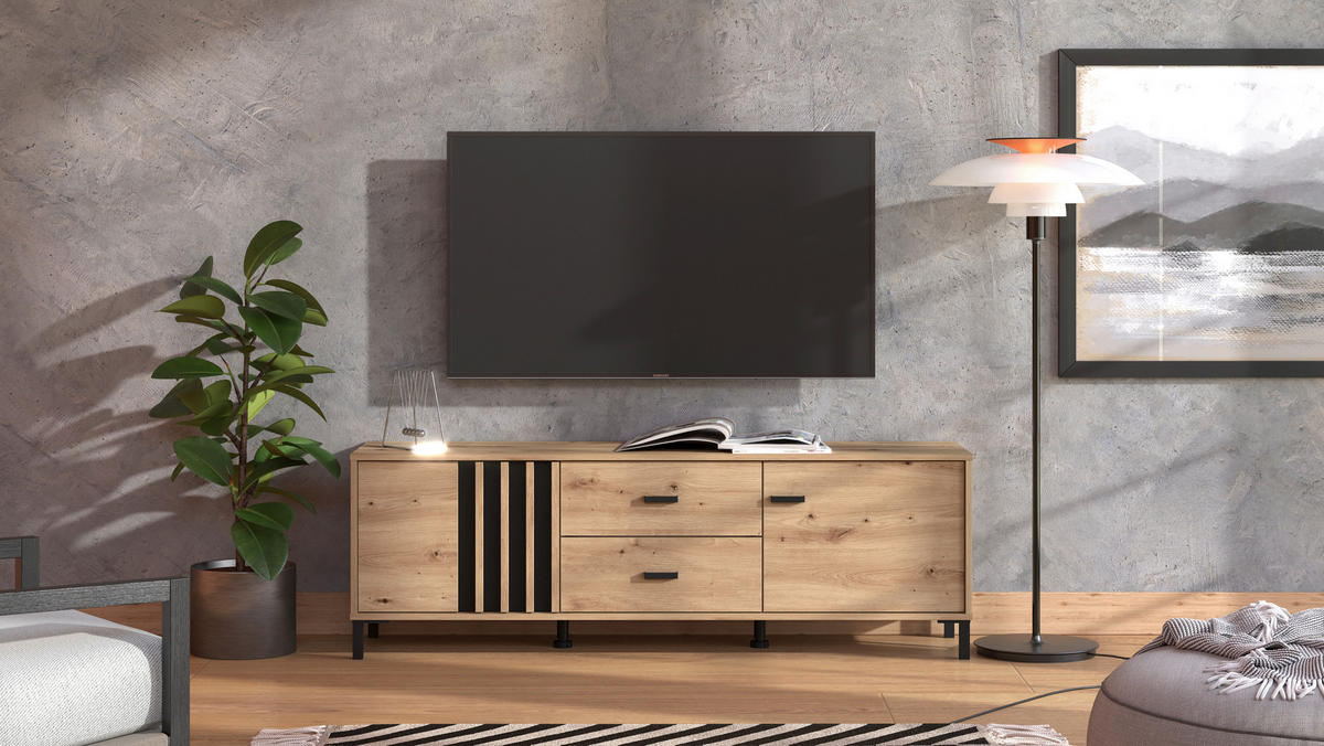 KOMODA POD TELEVIZI, černá, dub artisan, 157/52/40 cm - černá/dub artisan, Basics, kompozitní dřevo/plast (157/52/40cm) - Hom`in