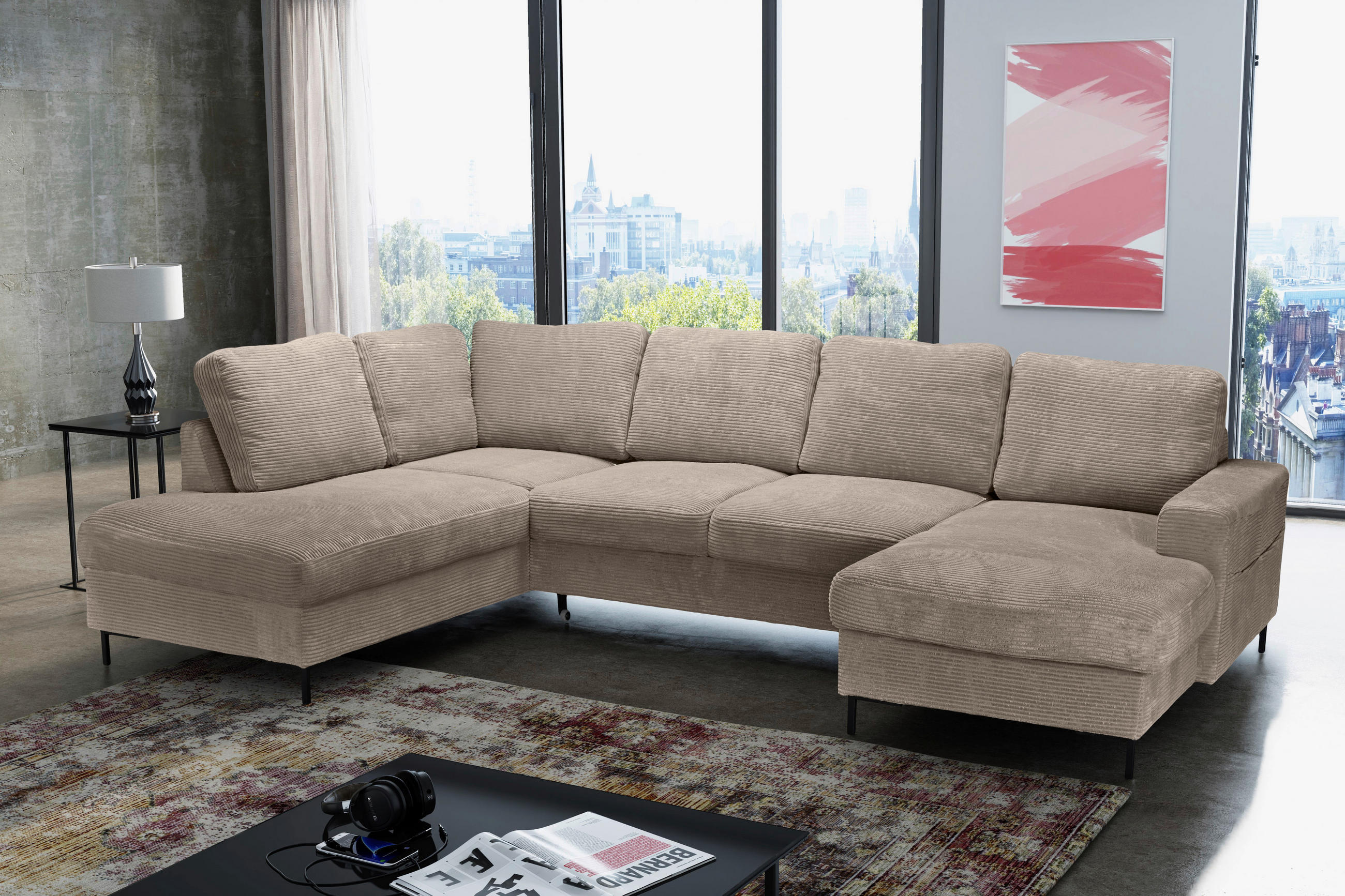 WOHNLANDSCHAFT Taupe Cord  - Taupe/Schwarz, KONVENTIONELL, Textil/Metall (197/303/148cm) - Carryhome