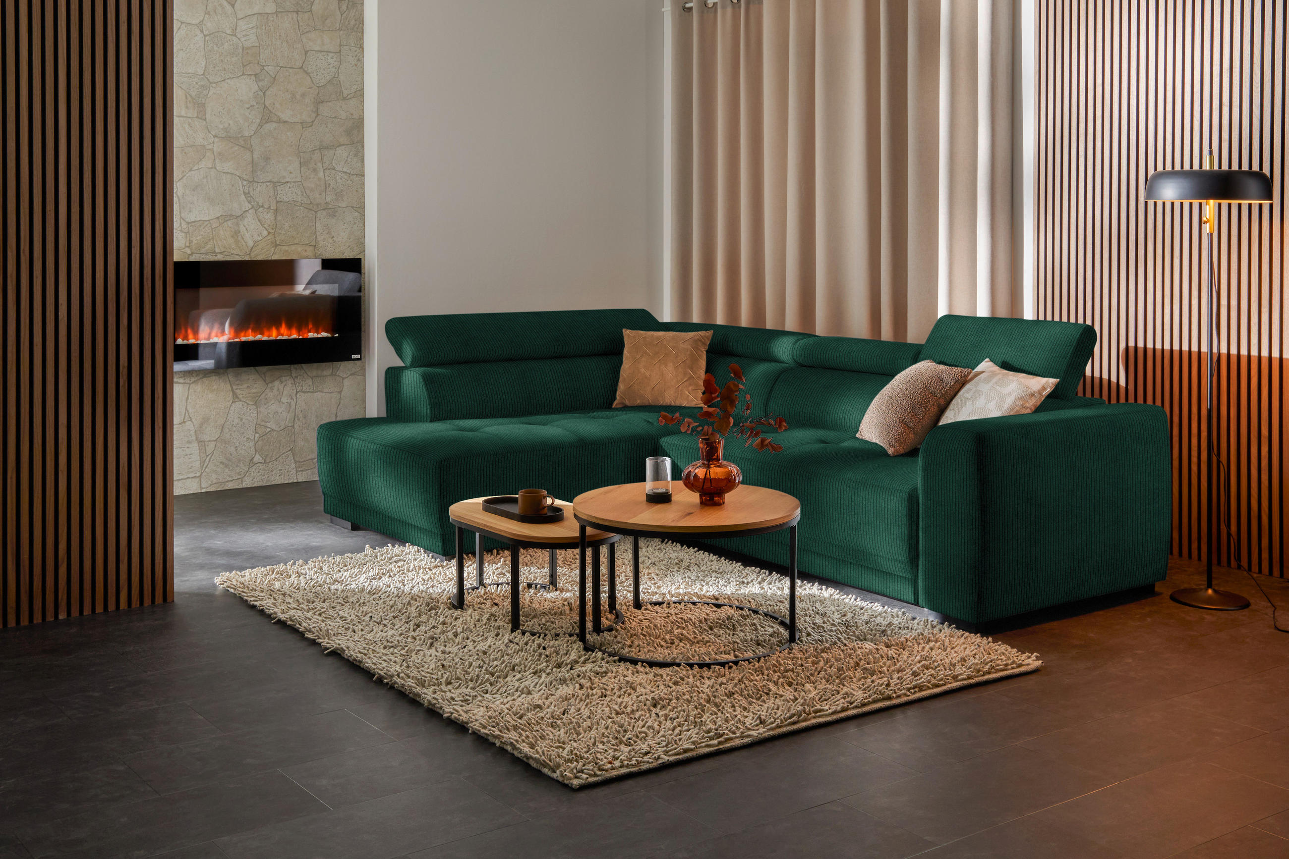 ECKSOFA in Feincord Waldgrün  - Waldgrün/Schwarz, Design, Kunststoff/Textil (205/284cm) - MID.YOU