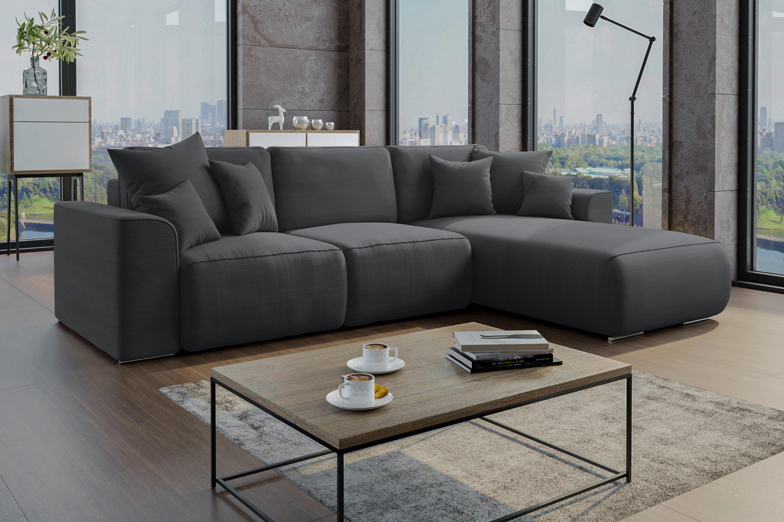 ECKSOFA Dunkelgrau Cord  - Chromfarben/Dunkelgrau, KONVENTIONELL, Kunststoff/Textil (293/195cm) - Carryhome