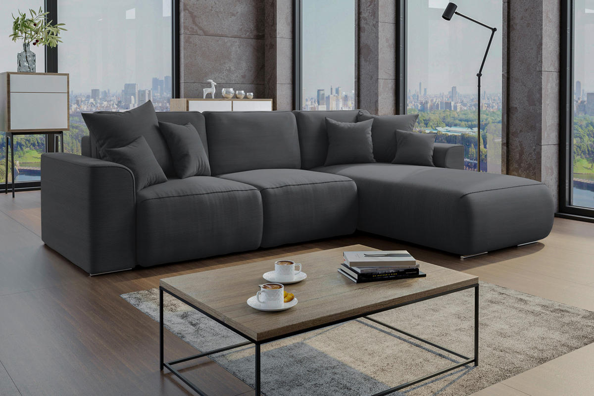ECKSOFA in Cord Dunkelgrau  - Chromfarben/Dunkelgrau, Konventionell, Kunststoff/Textil (293/195cm) - MID.YOU