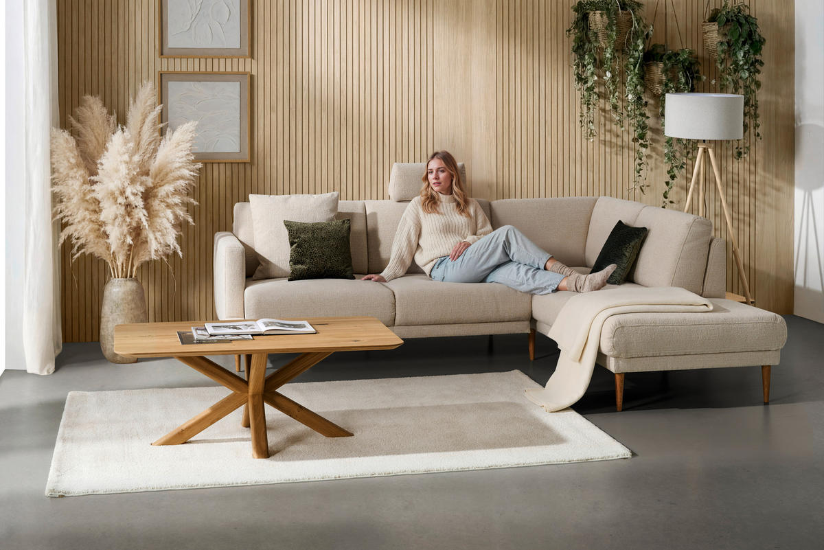 ECKSOFA  in Flachgewebe Beige  255/212 cm  - Eichefarben/Beige, KONVENTIONELL, Holz/Textil (255/212cm) - Valnatura