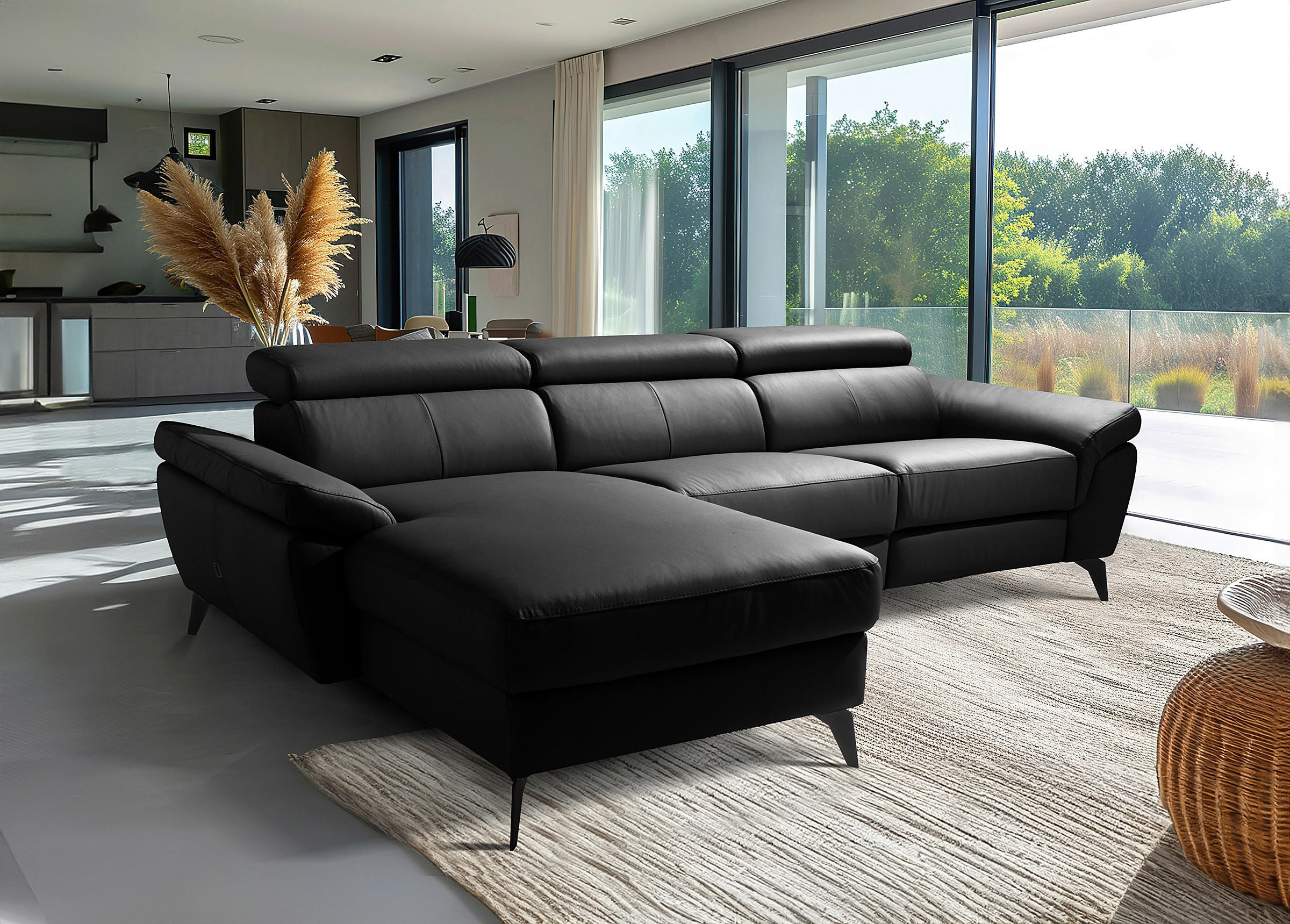 ECKSOFA Schwarz Echtleder Lederlook Rücken echt, Armteilverstellung, Relaxfunktion, Kopfteilverstellung  - Schwarz, Design, Leder/Textil (179/252cm) - Livetastic